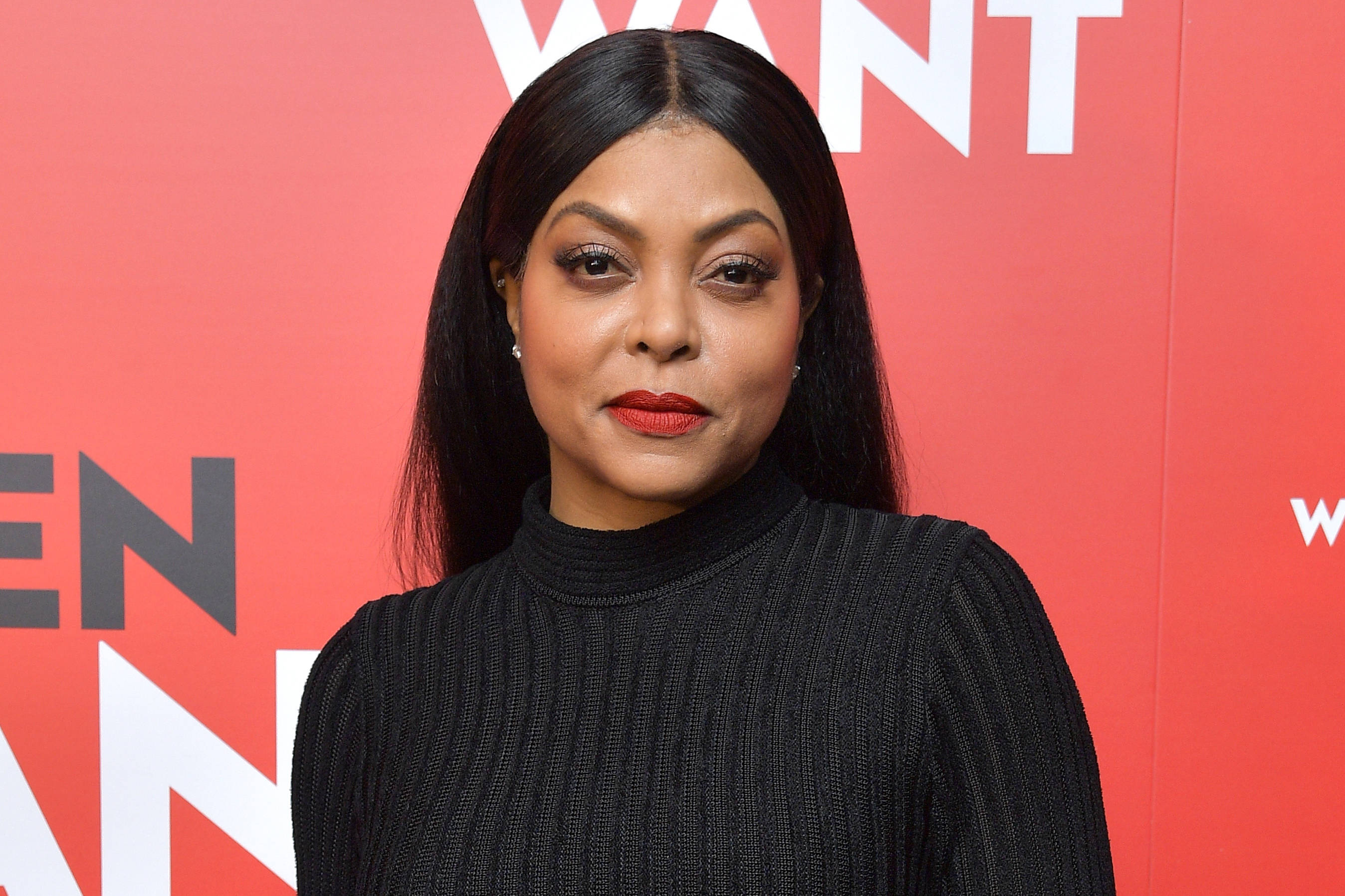 Taraji P Henson, black ribbed turtleneck, vibrant red backdrop, 2K Desktop Wallpaper
