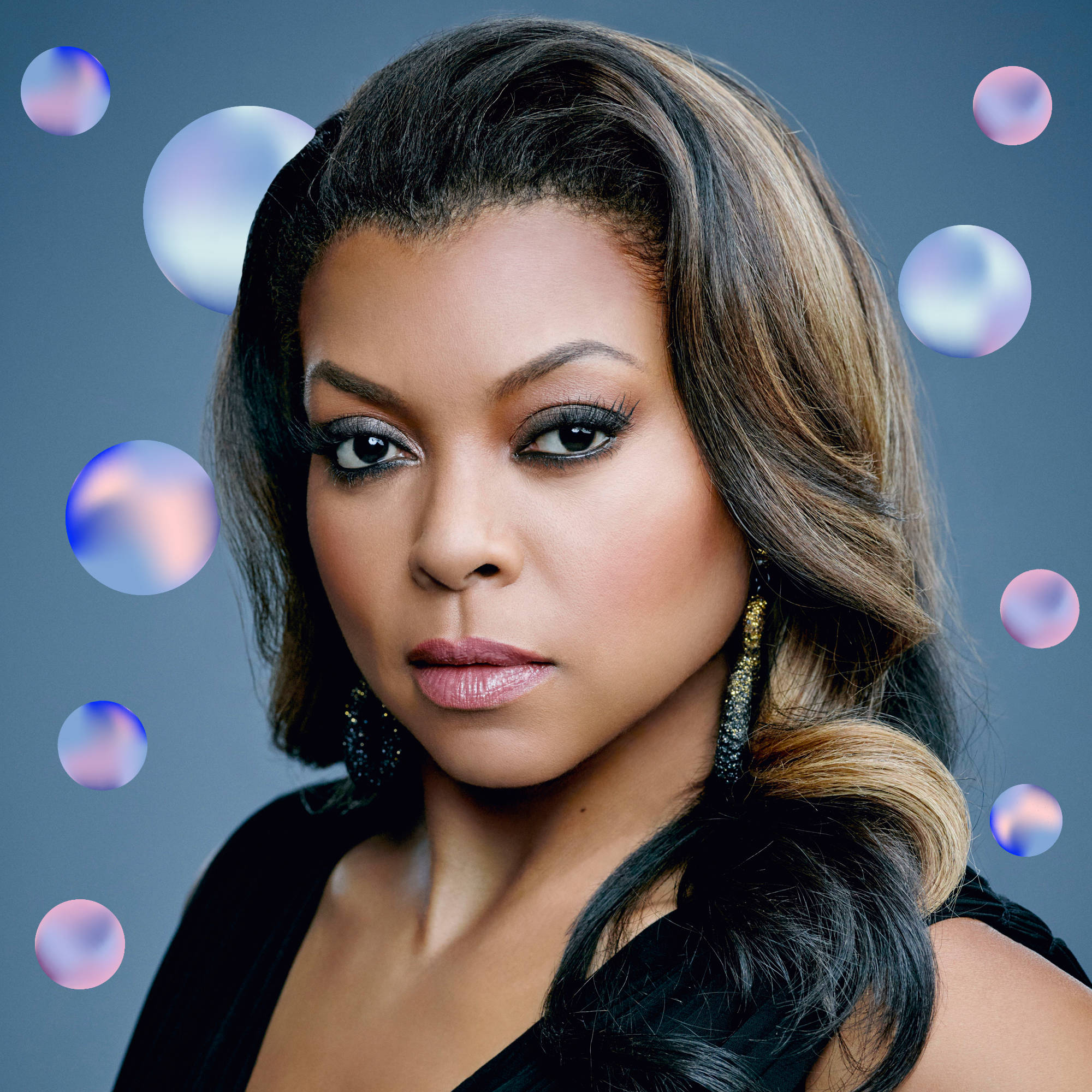 Taraji P Henson, glossy lips, shimmering iridescent bubbles, Full HD Desktop Wallpaper