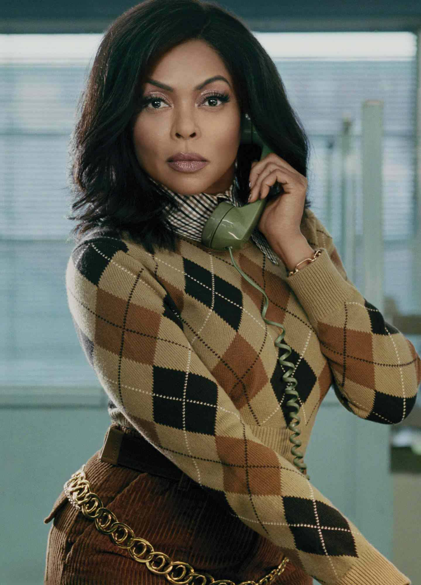 Taraji P. Henson, brown black argyle sweater, vintage green phone, Full HD Phone Wallpaper