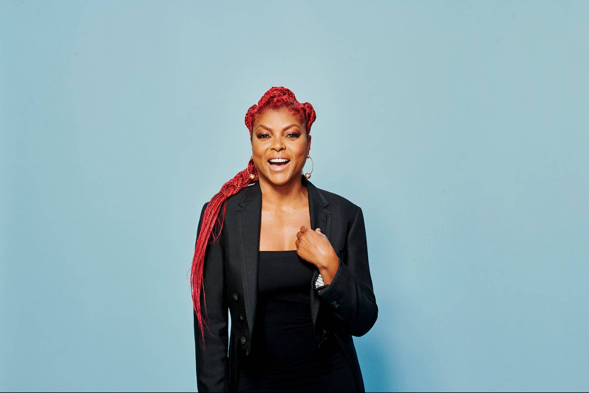 Taraji P Henson, braided red hair, soft blue studio backdrop, Full HD Desktop Wallpaper