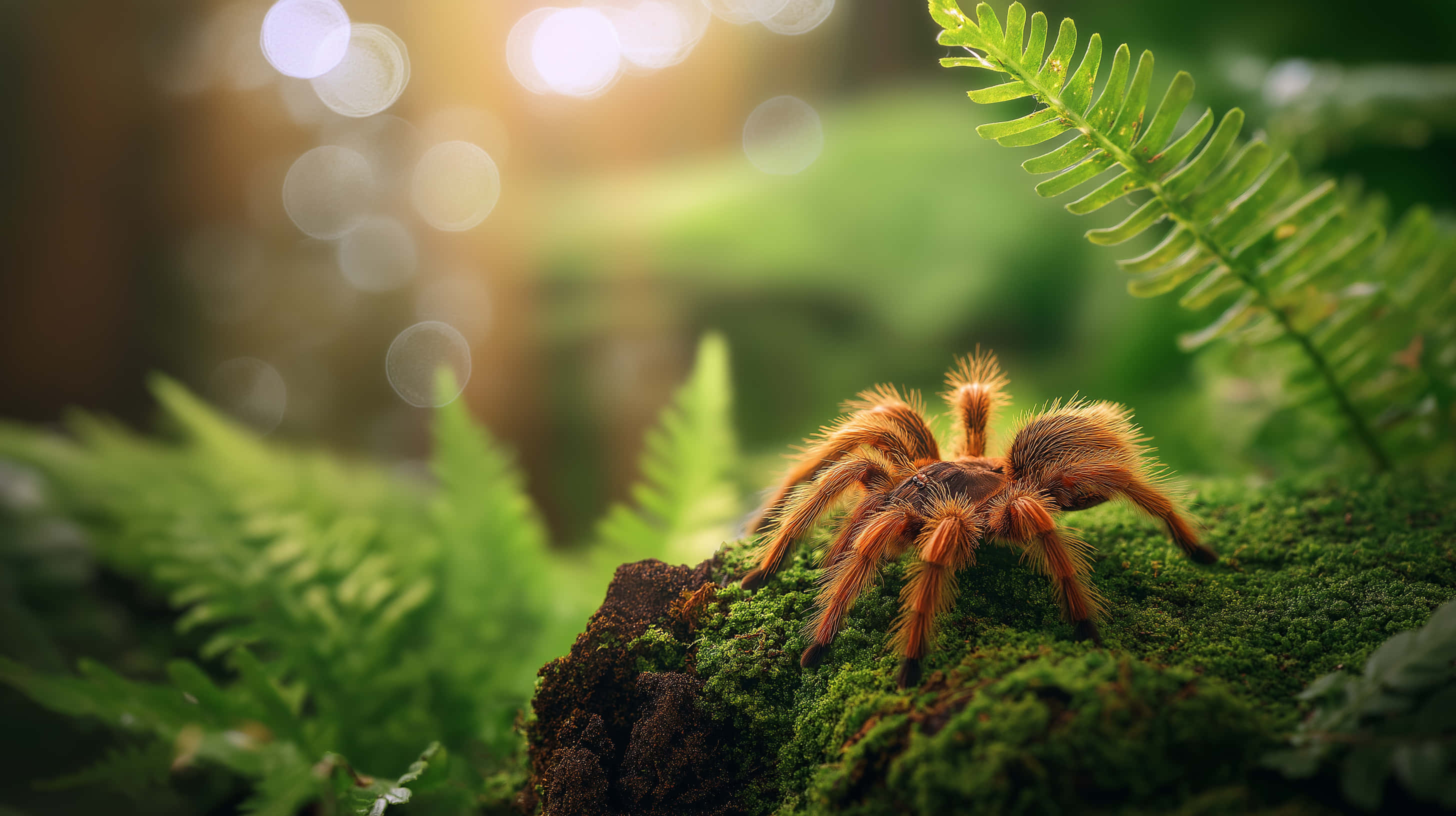 vibrant tarantula, mossy log, vibrant green ferns, 2K Desktop Wallpaper