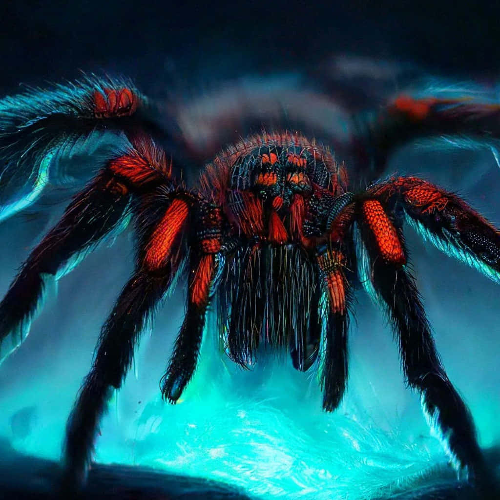 vibrant tarantula, blue light, fiery orange and black fur, SD Desktop Wallpaper