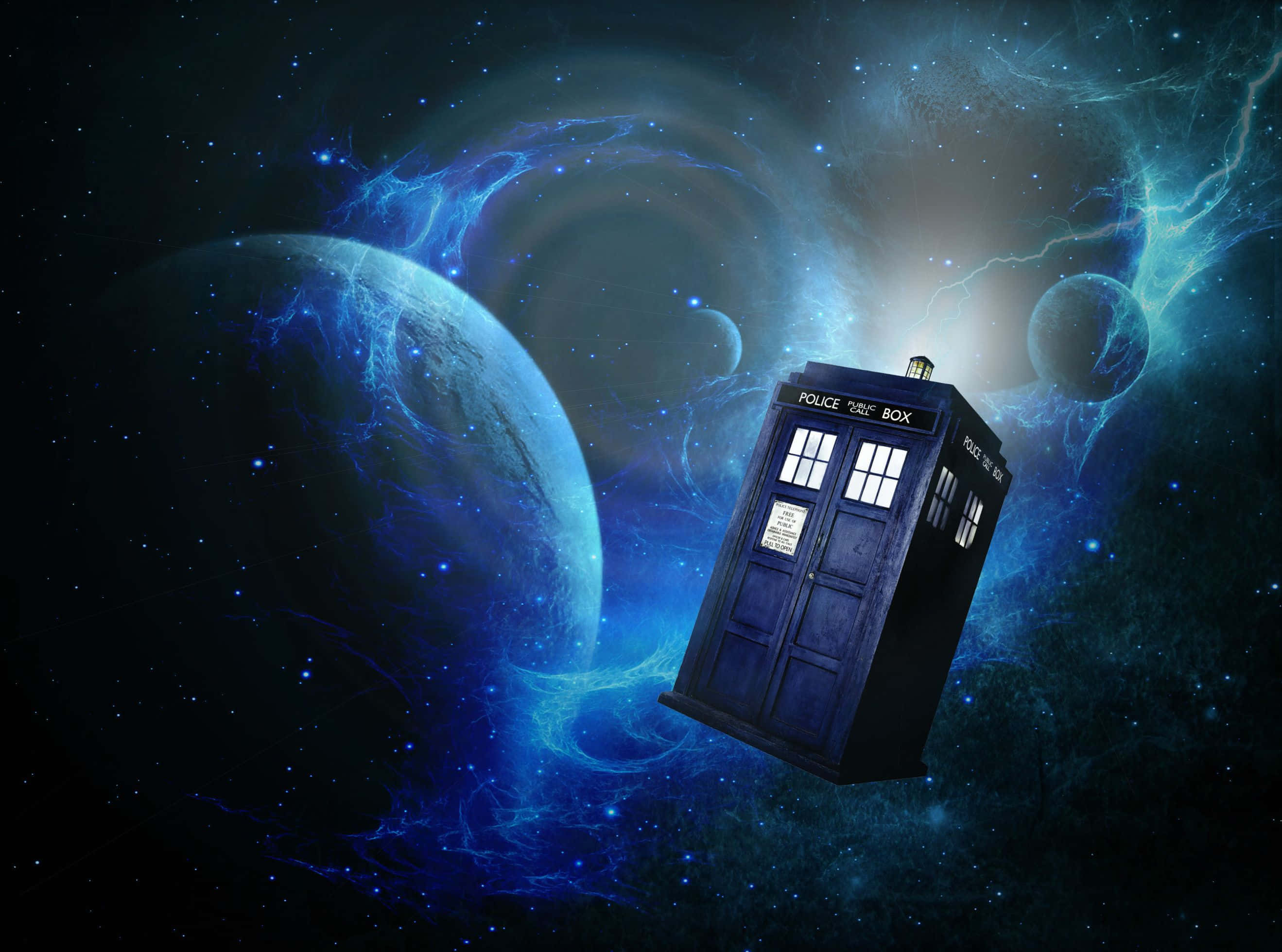 TARDIS, blue police box, cosmic nebula, 2K Desktop Wallpaper