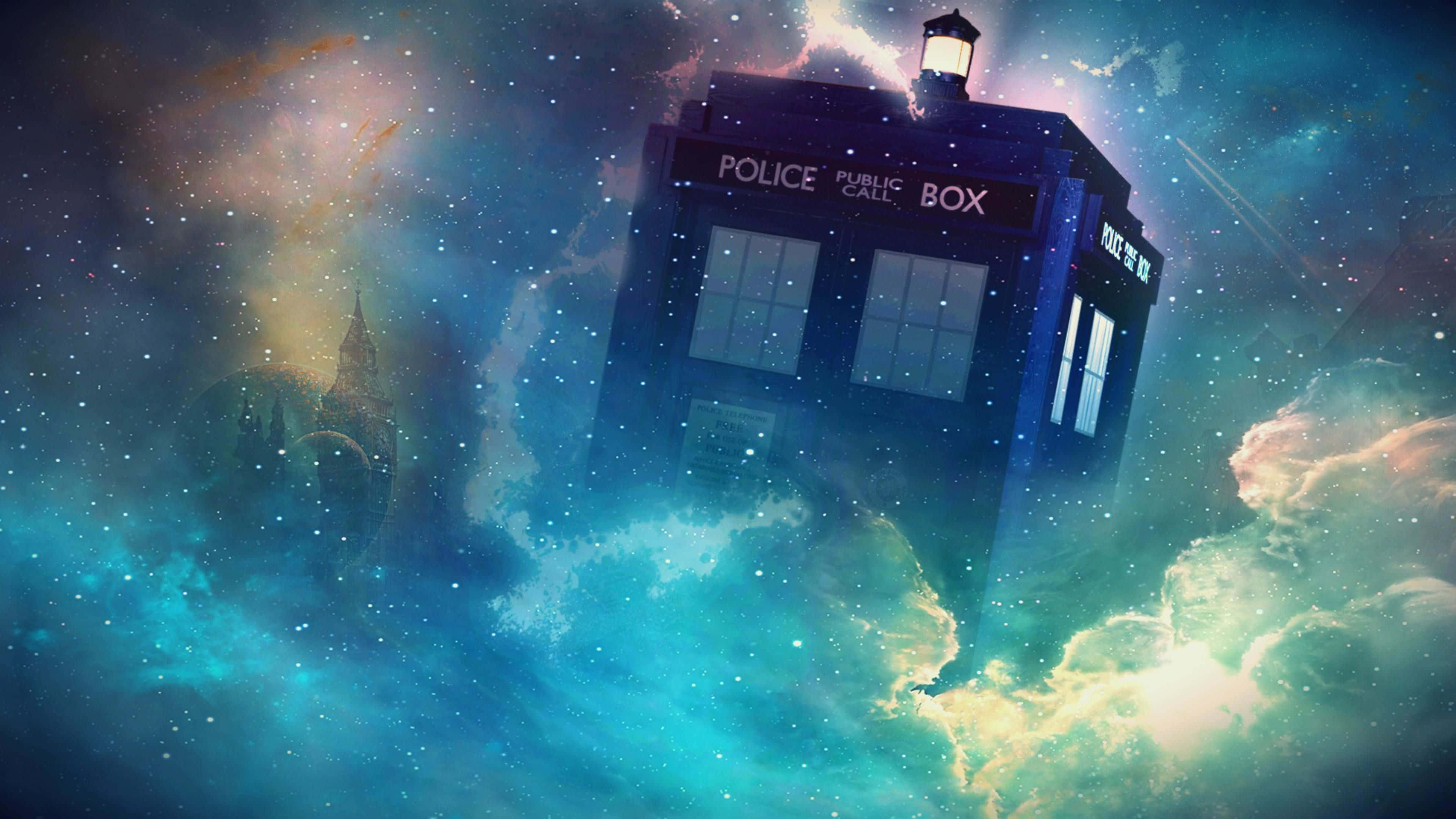 Tardis, blue police box, cosmic nebula, 4K Desktop Wallpaper