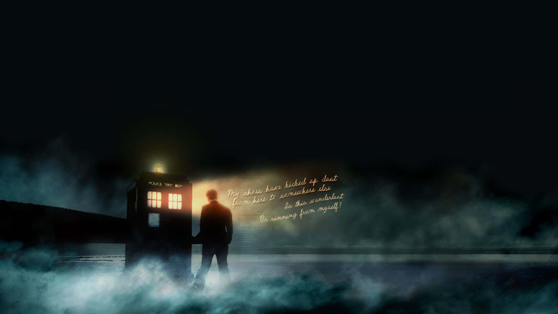 Tardis, glowing blue police box, mist, Full HD Desktop Wallpaper