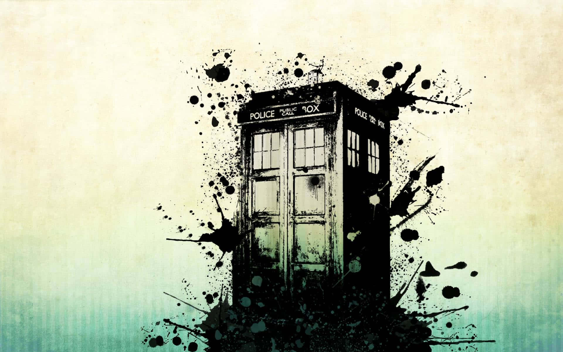TARDIS, vintage police box, black ink splatters, Full HD Desktop Wallpaper