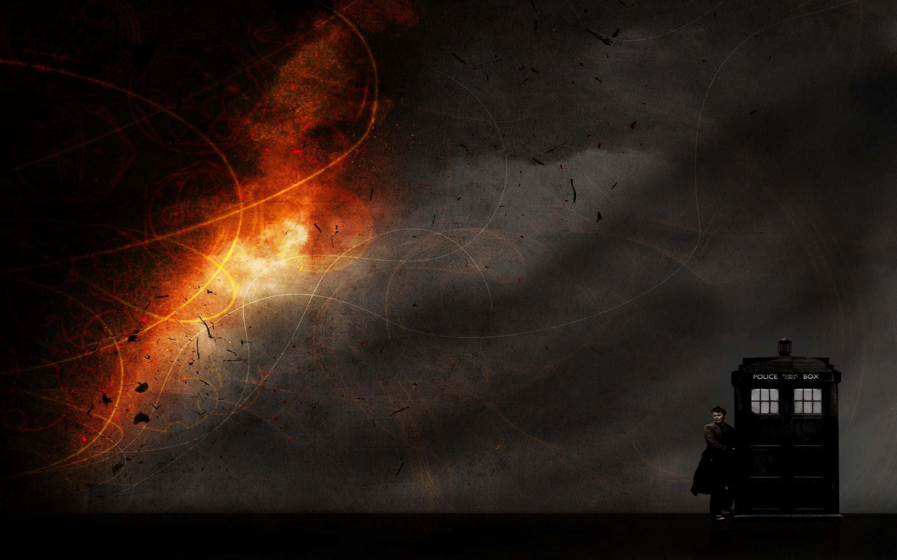 TARDIS, police box, fiery cosmic energy, 2K Desktop Wallpaper