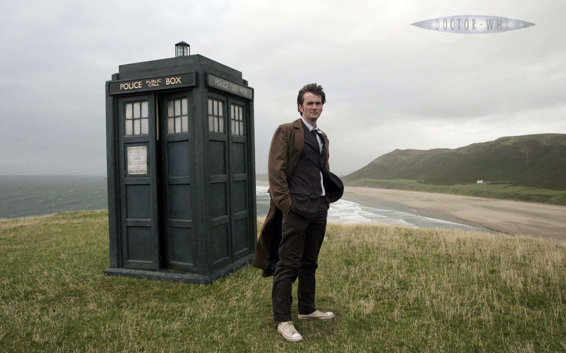 Tardis, blue police box, brown coat, Full HD Desktop Wallpaper
