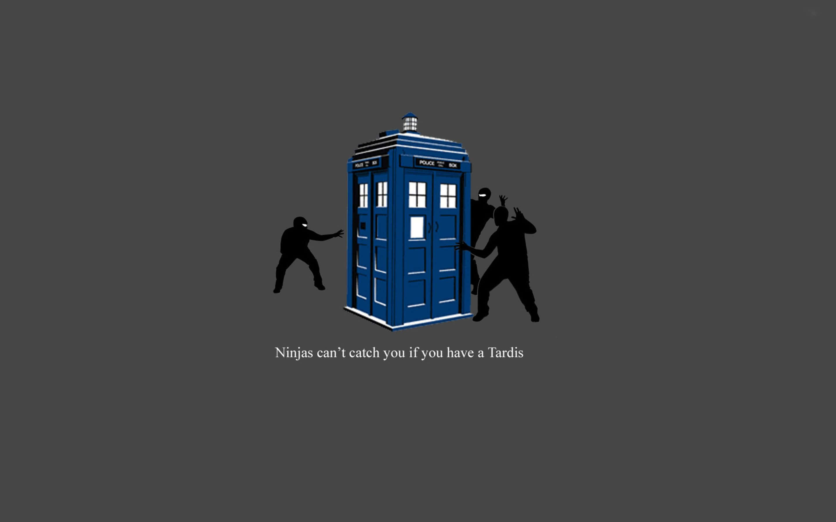 TARDIS, blue police box, black silhouetted ninjas, 2K Desktop Wallpaper
