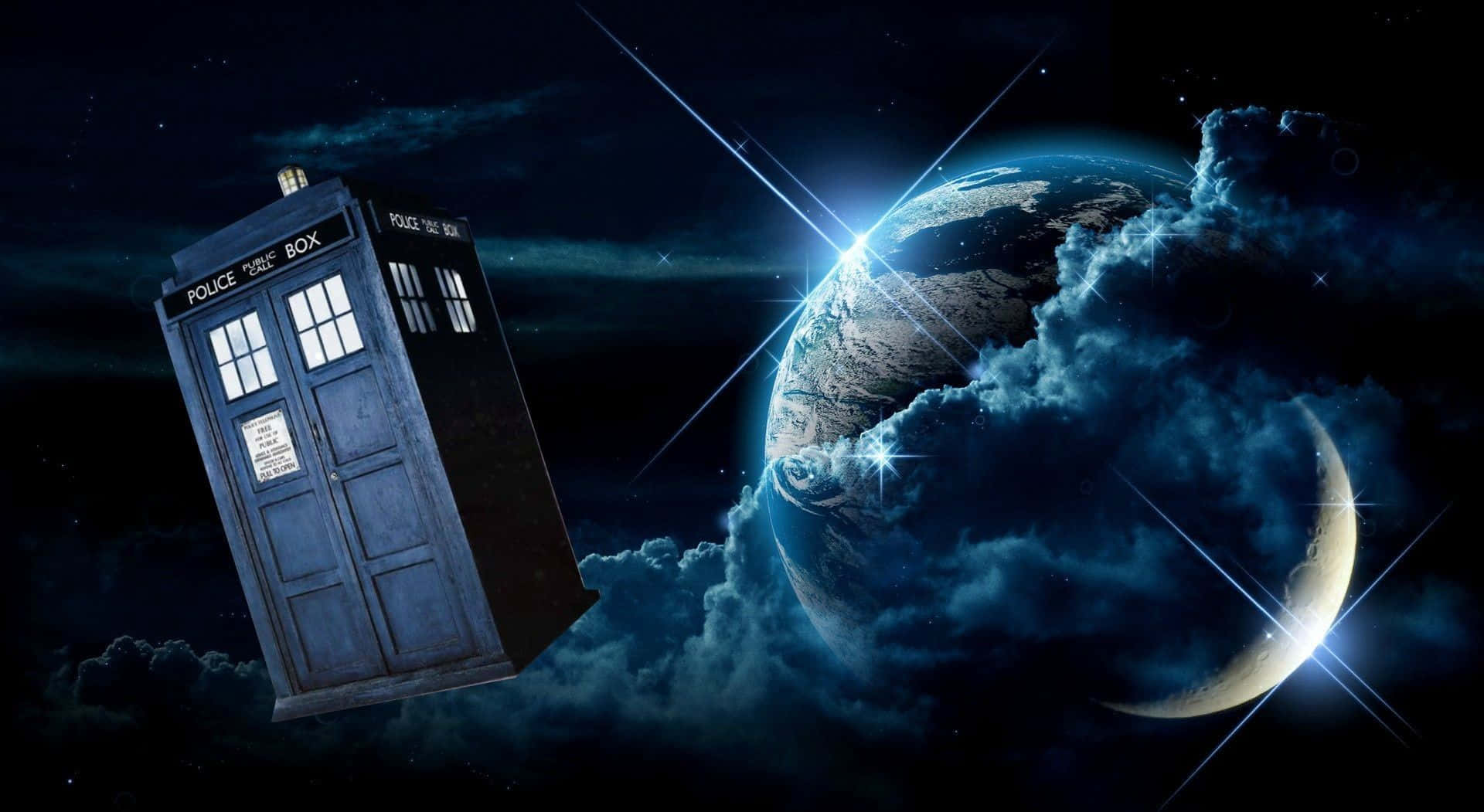Tardis, blue police box, glowing planet, Full HD Desktop Wallpaper