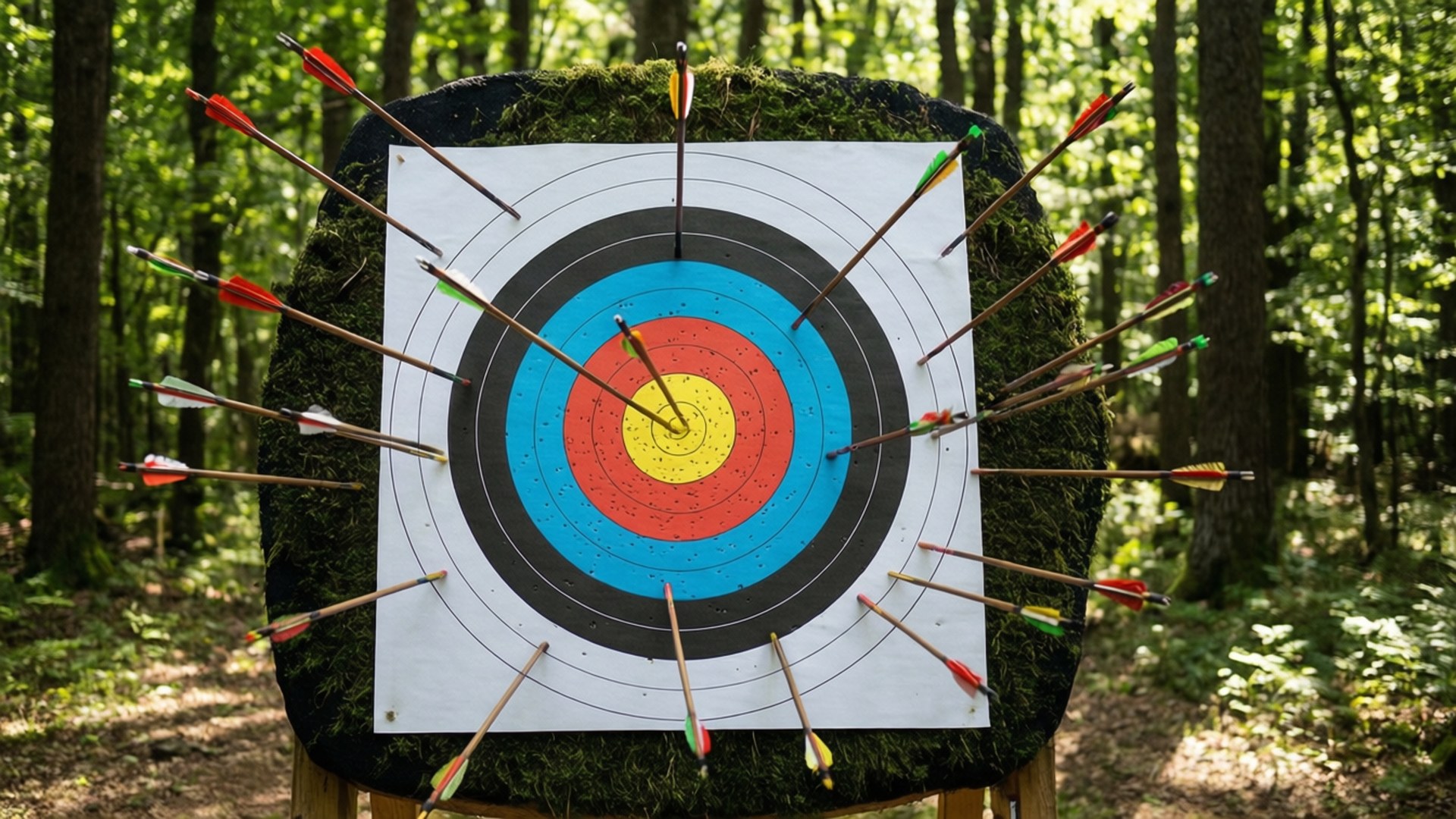 archery range, mossy archery target, arrows, Full HD Desktop Wallpaper