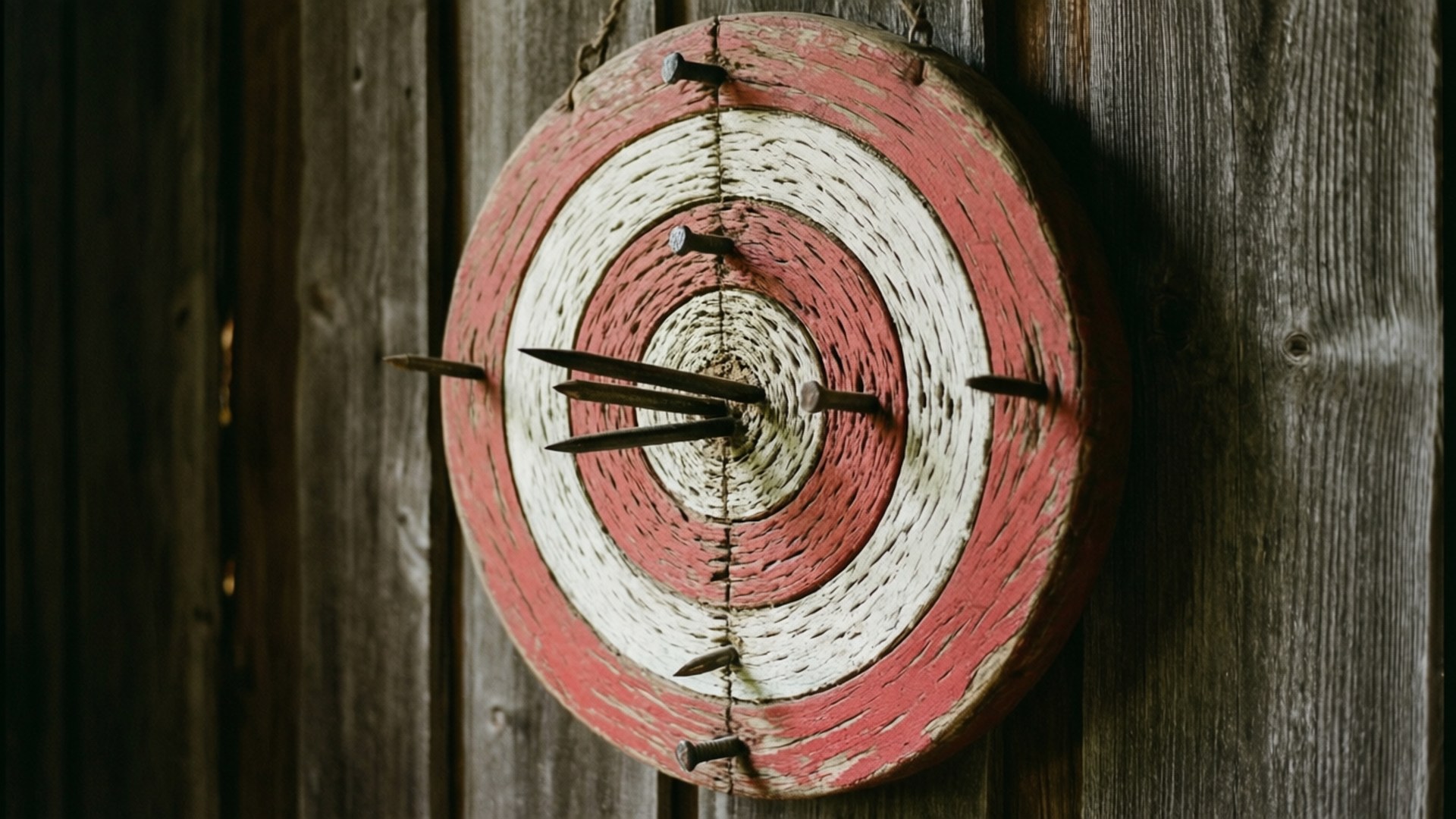 rustic wooden target, weathered red and white circular target, nails, Full HD Desktop Wallpaper
