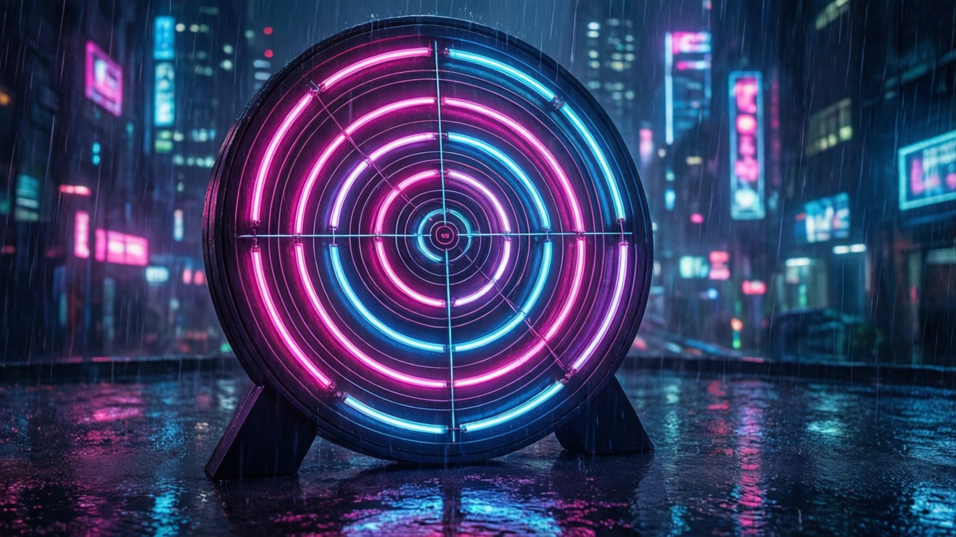 neon target, pink and blue concentric rings, wet city street, Full HD Desktop Wallpaper