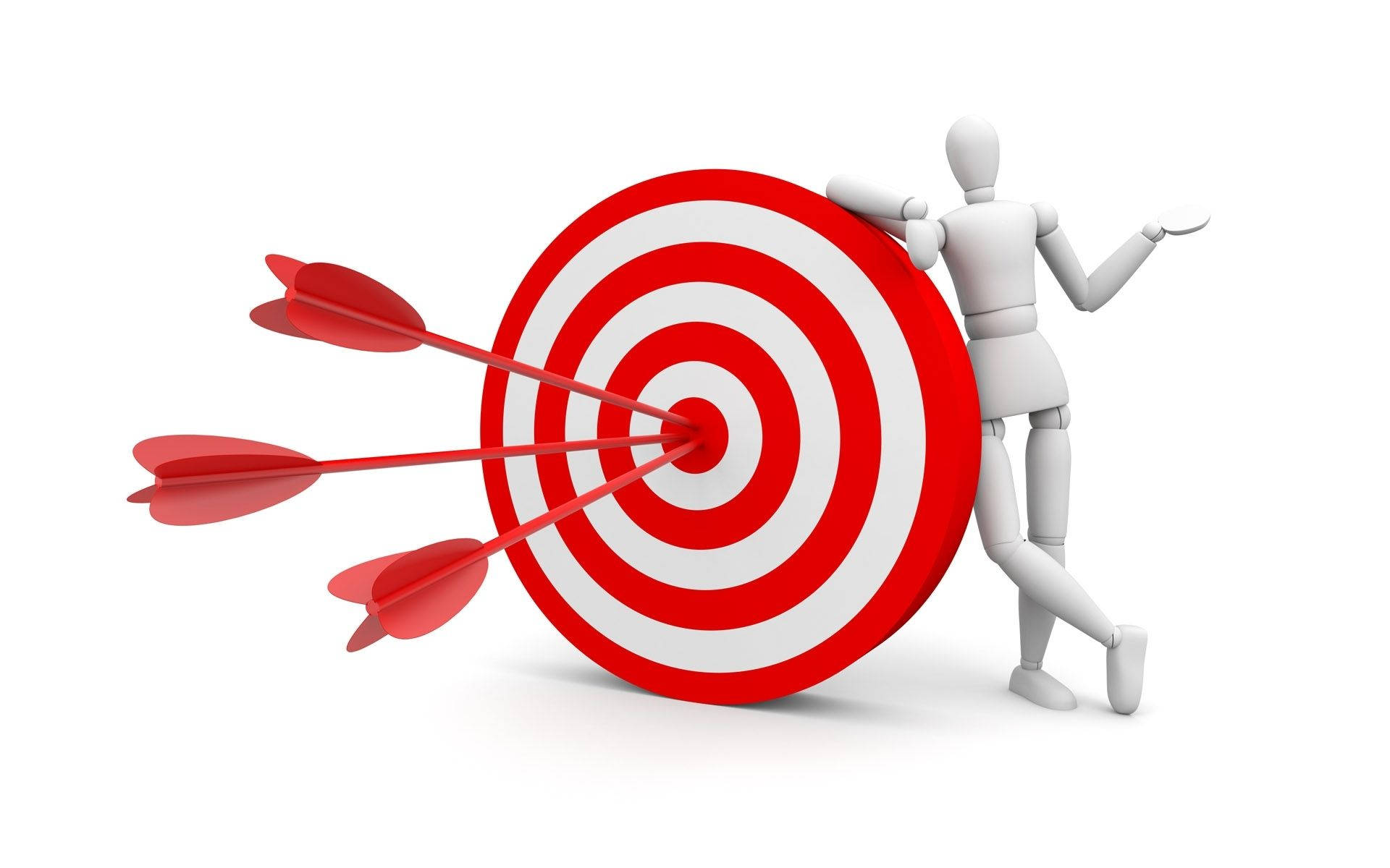 3D man figure, red and white target, three red darts, Full HD Desktop Wallpaper