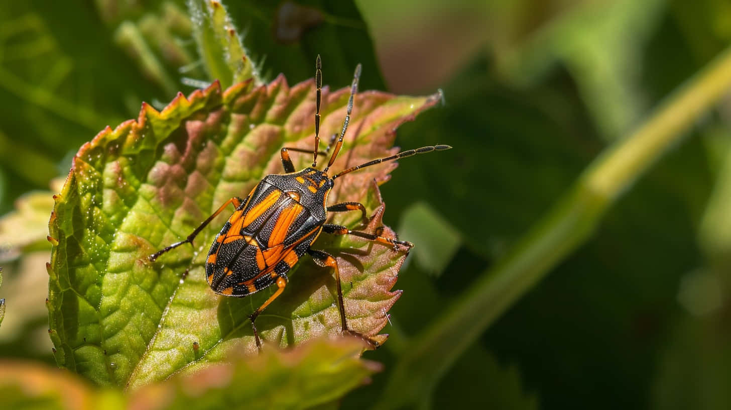 Tarnished Plant Bug, orange and black, sunlit green leaf, HD Desktop Wallpaper