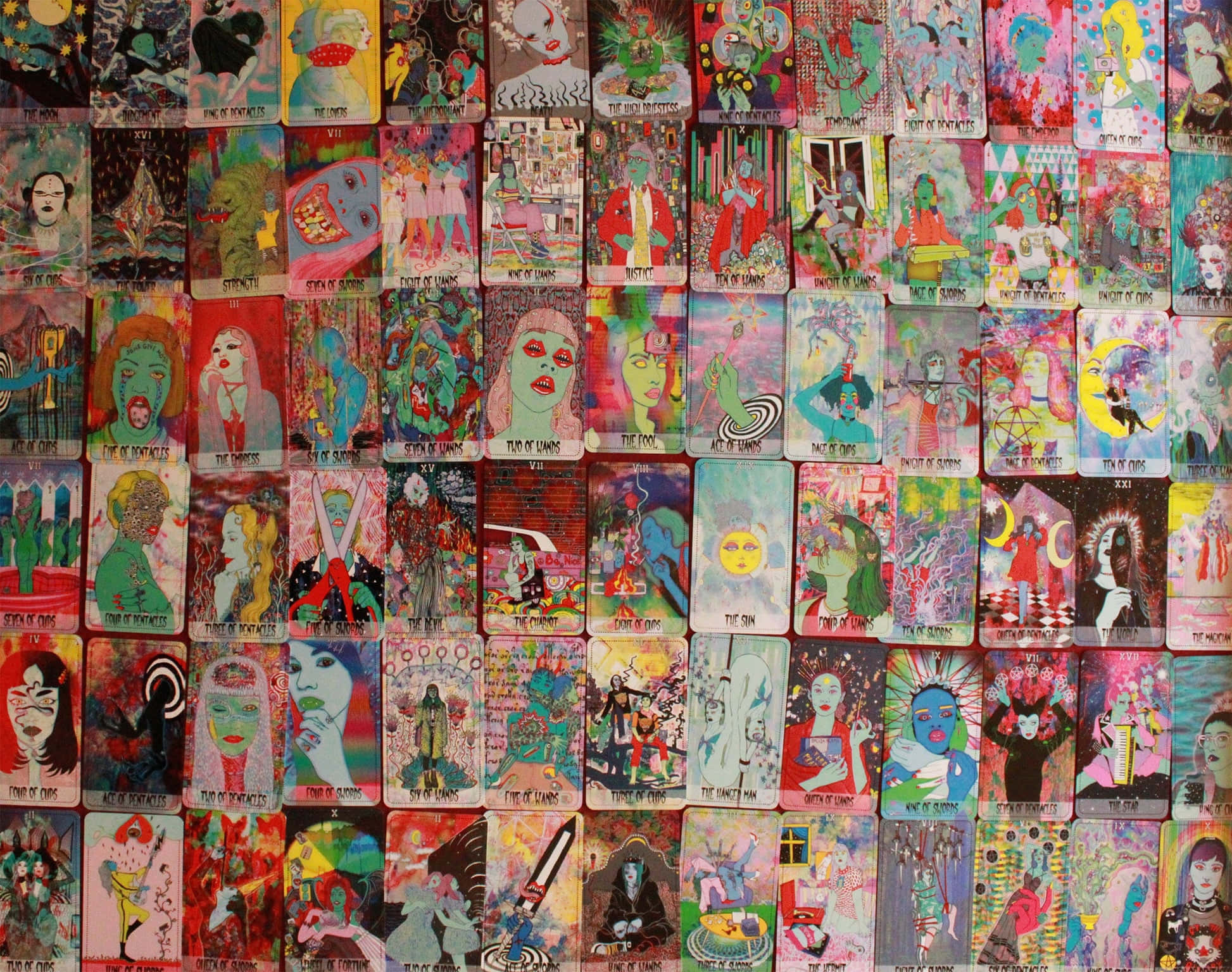 Colorful Tarot Card Collage, hand-painted tarot cards, surreal colorful illustrations, Full HD Desktop Wallpaper