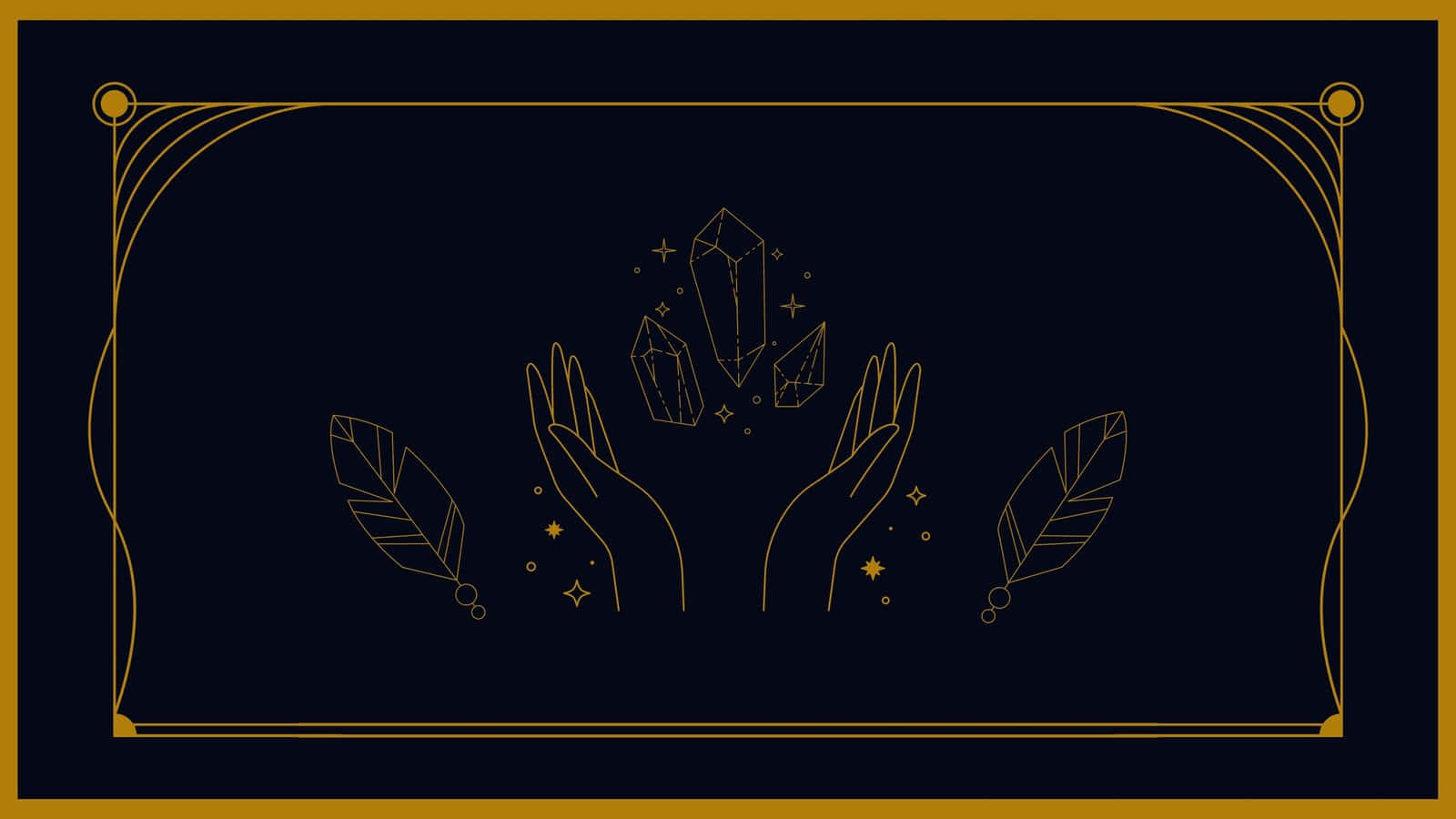 golden line art, hands rising to catch floating crystals and stars, ornate border, HD Desktop Wallpaper