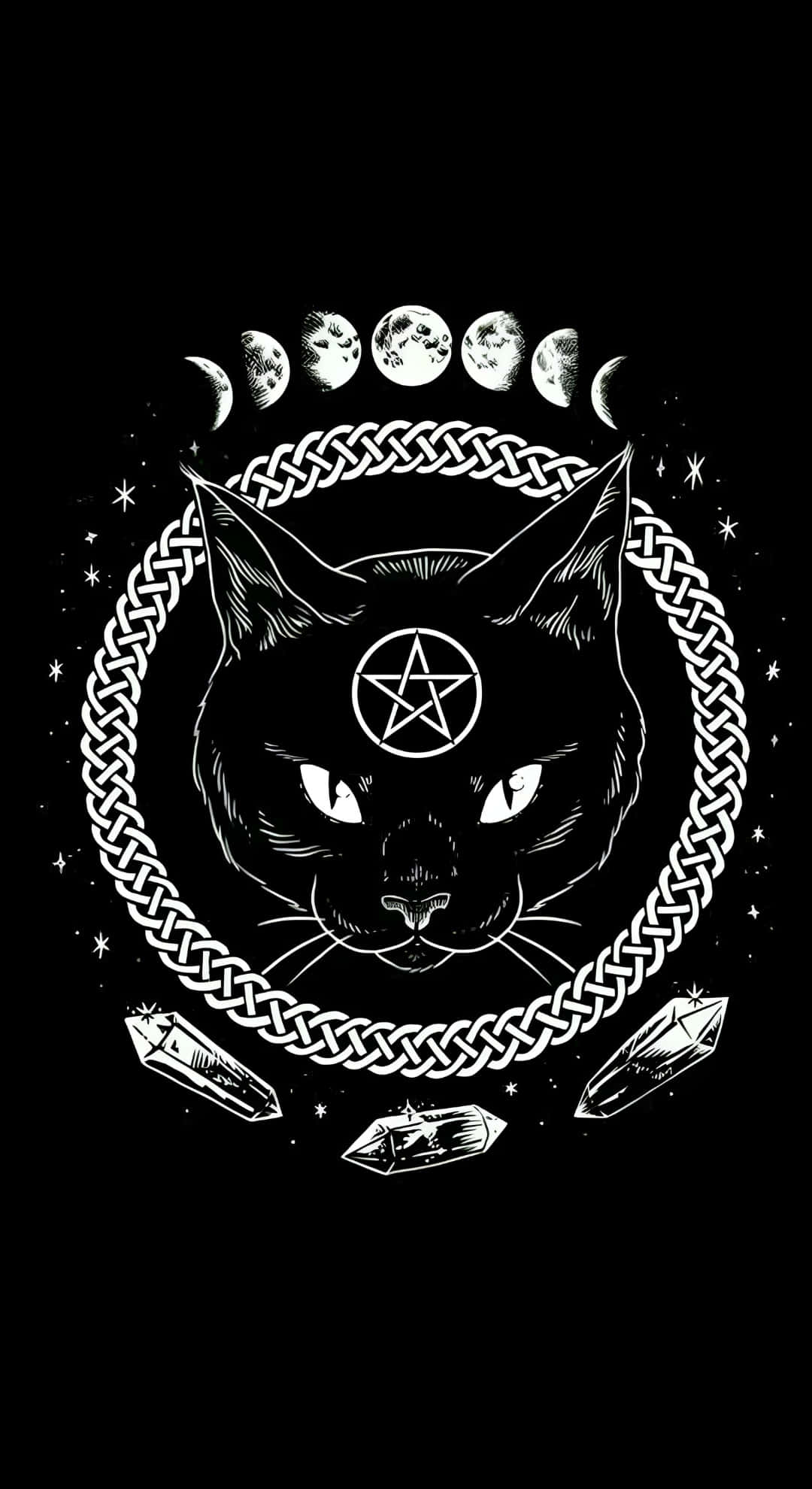 black cat, pentagram, braided chain, Full HD Phone Wallpaper
