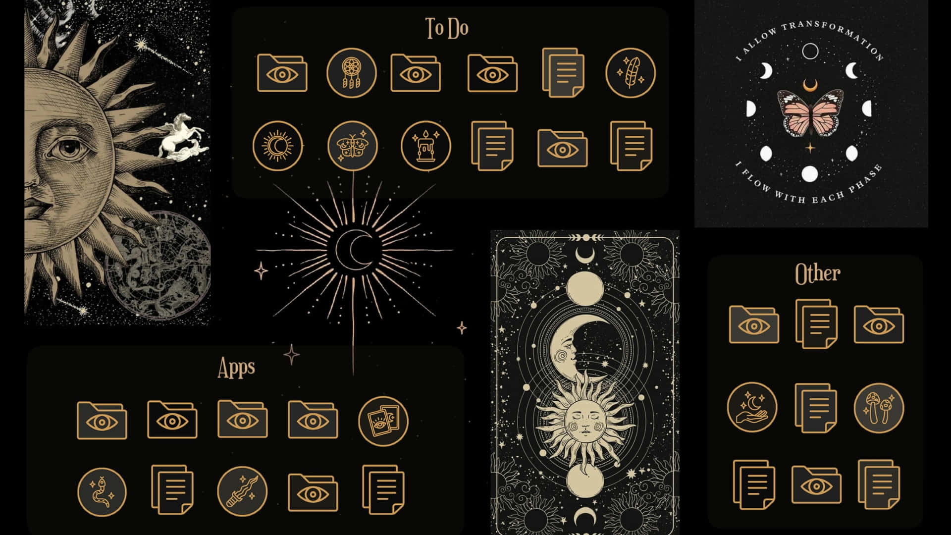 Tarot, zodiac correspondences, golden mystical icons, Full HD Desktop Wallpaper