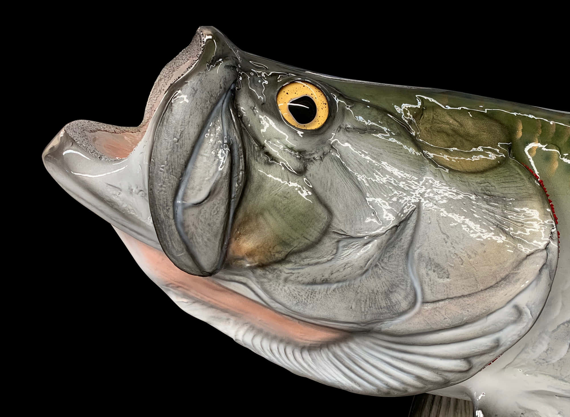 Tarpon, glossy ceramic fish head sculpture, yellow eye, Full HD Desktop Wallpaper
