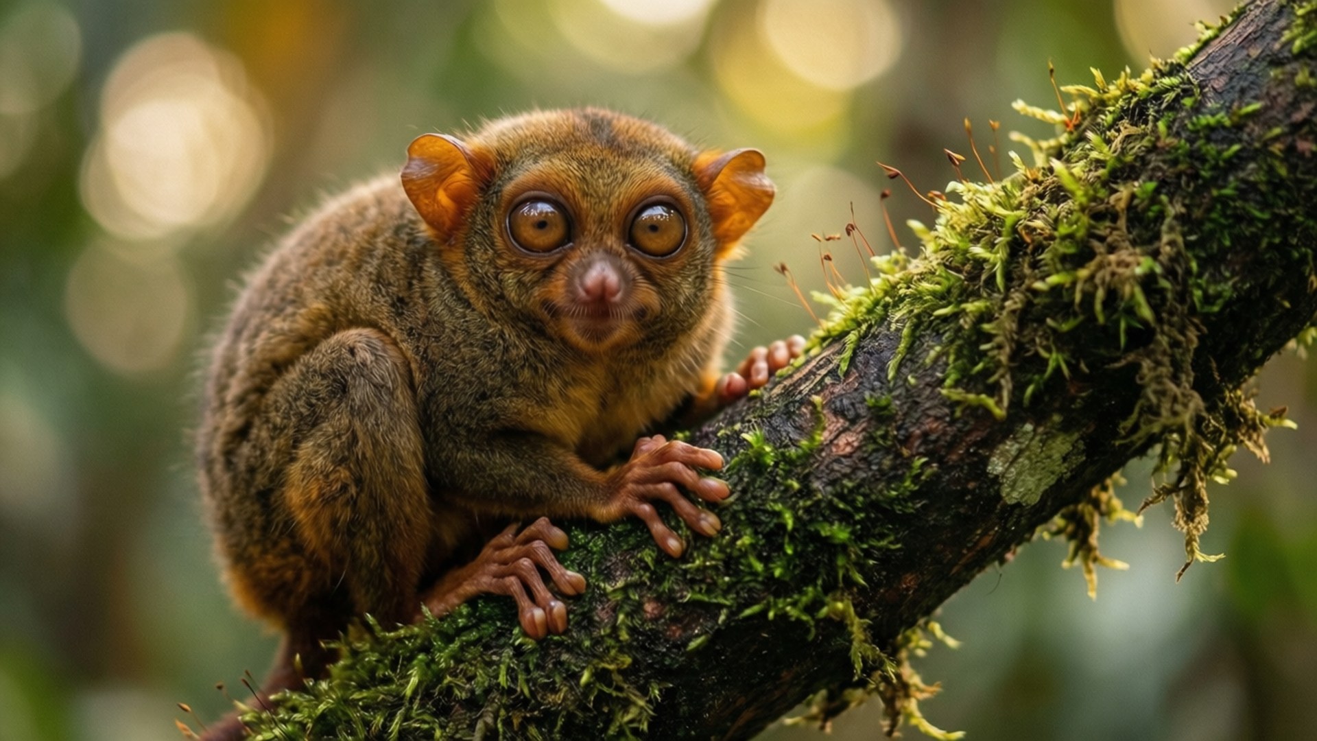 mossy branch, tarsier, soft bokeh background, Full HD Desktop Wallpaper