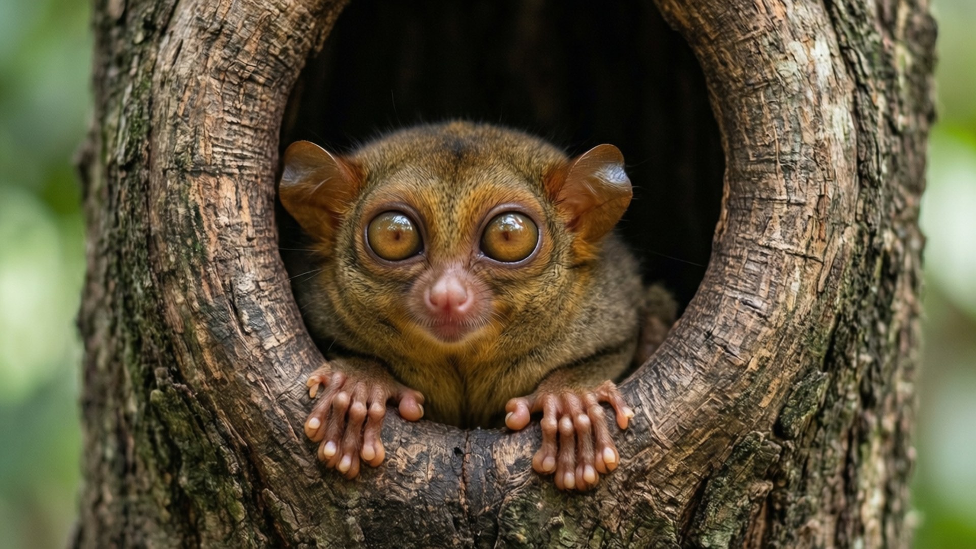 Tarsier, tree hollow, curious look, Full HD Desktop Wallpaper