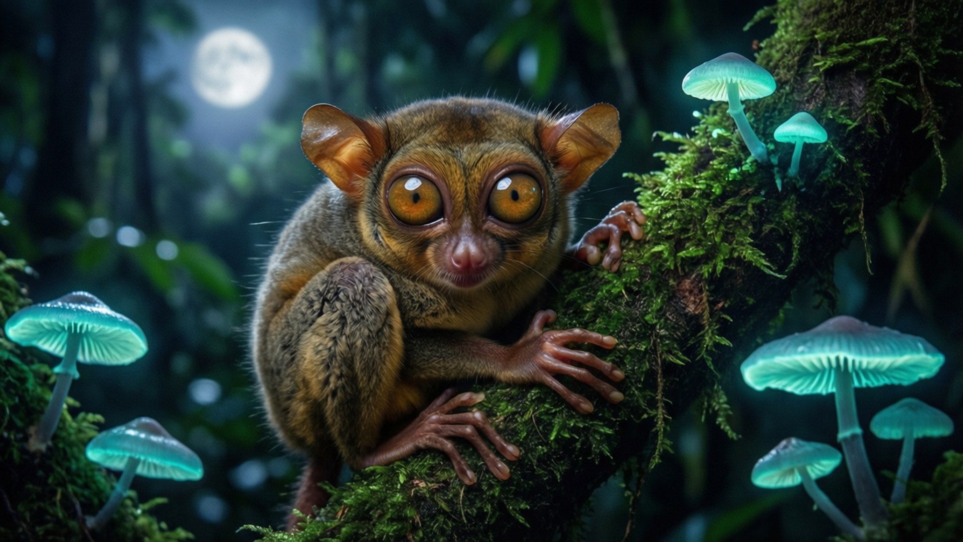 tarsier, amber eyes, mossy branch, Full HD Desktop Wallpaper