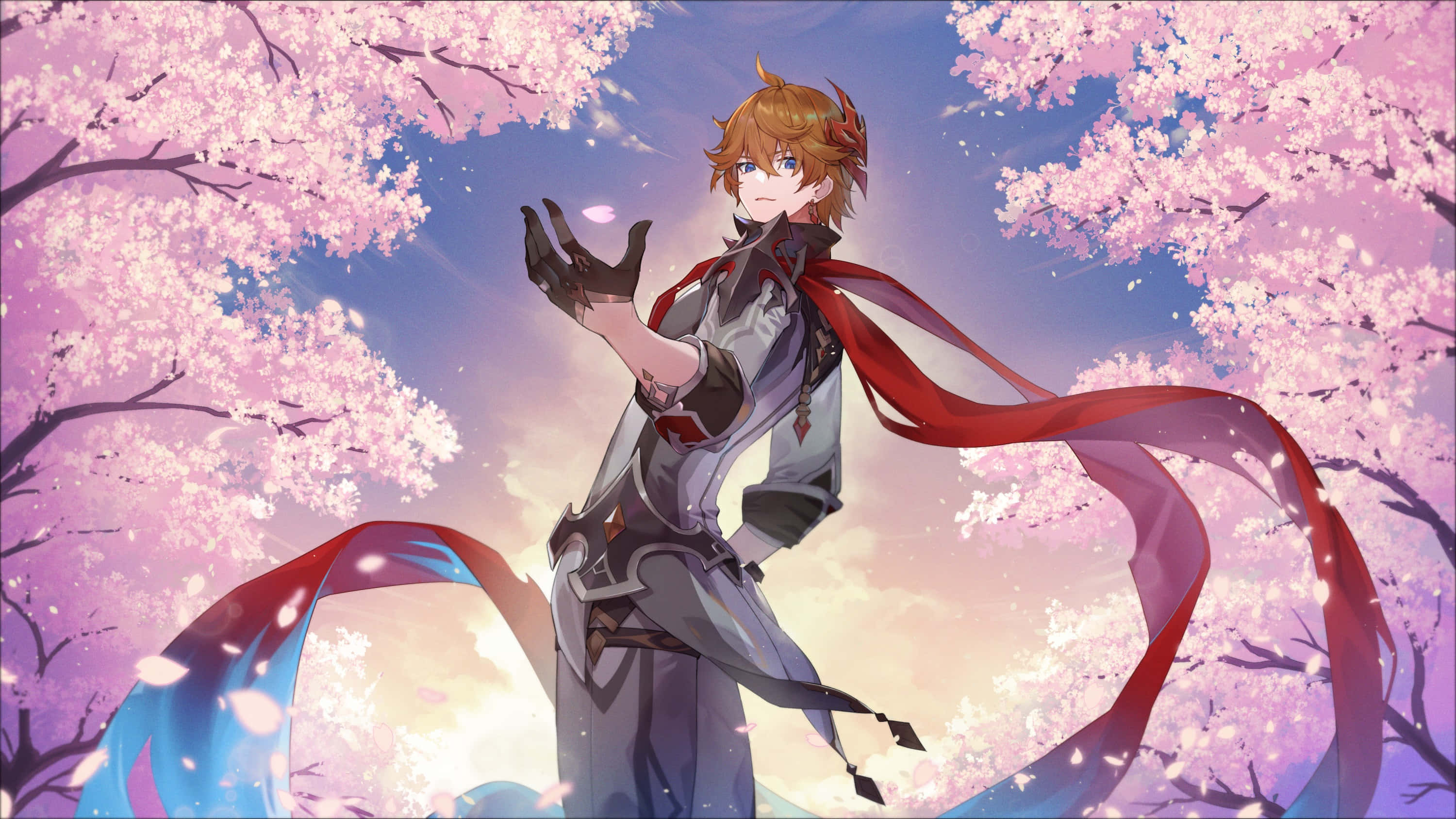 Tartaglia Childe, red hair, flowing red cape, 2K Desktop Wallpaper