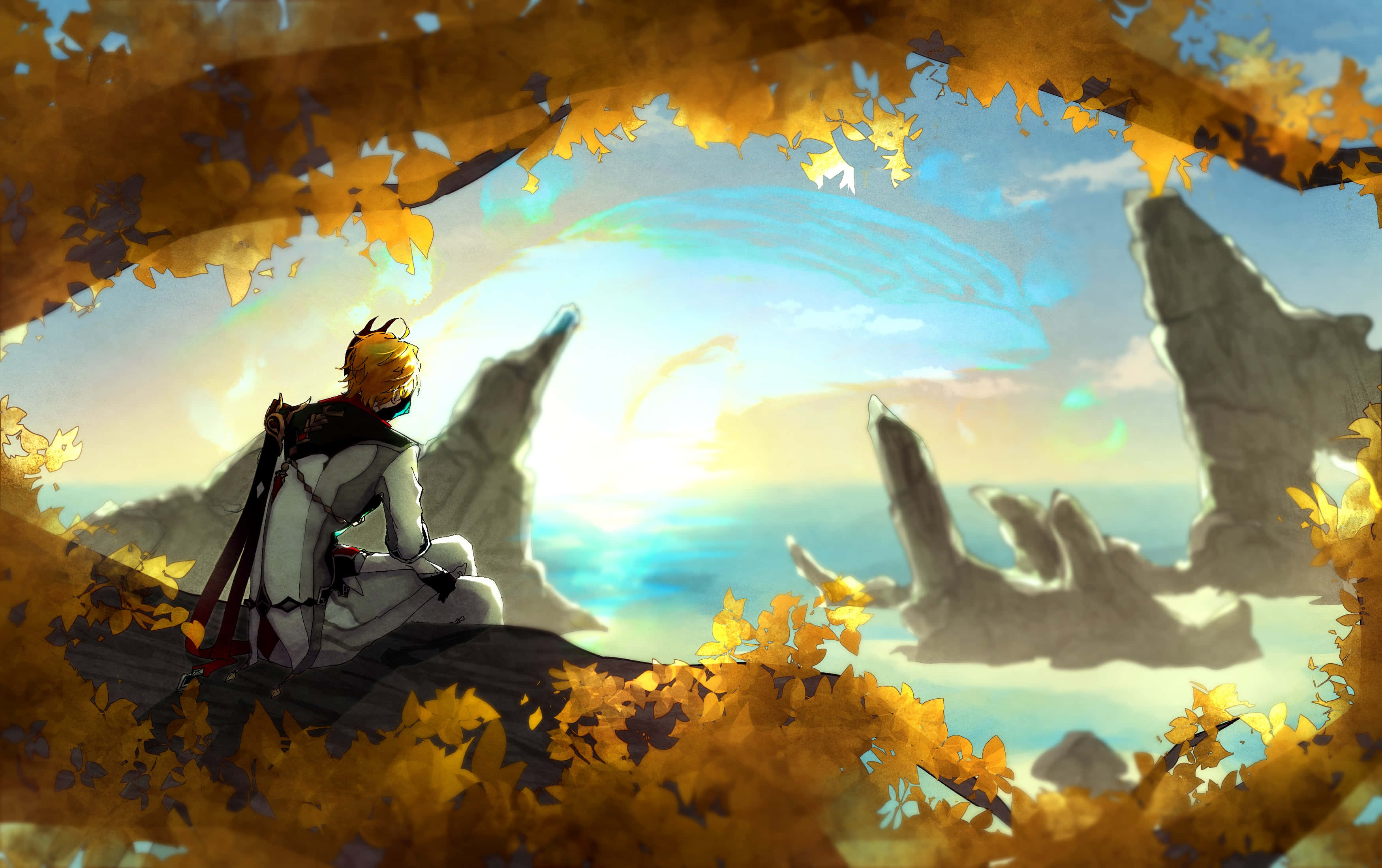 Tartaglia Childe, golden autumn leaves, serene ocean sunset, 2K Desktop Wallpaper