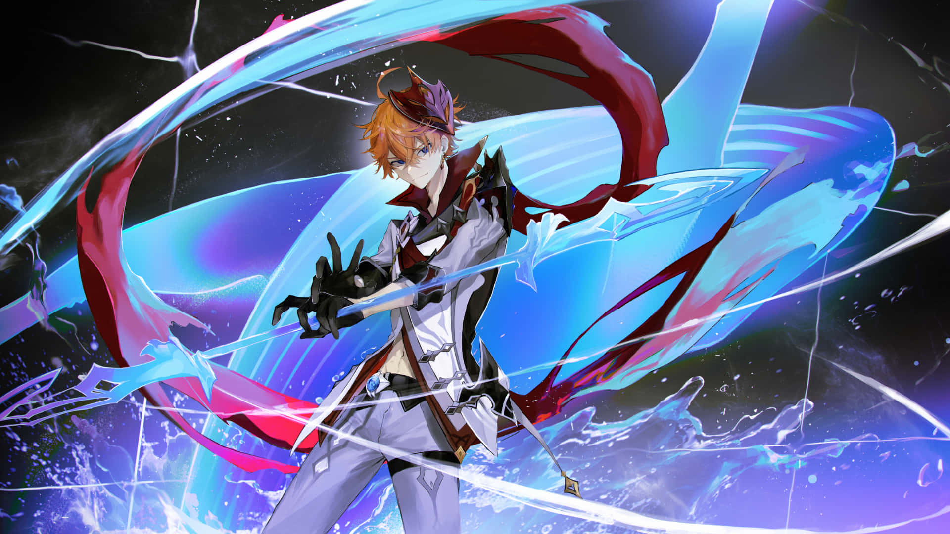 Tartaglia Childe, orange hair, glowing blue sword, Full HD Desktop Wallpaper