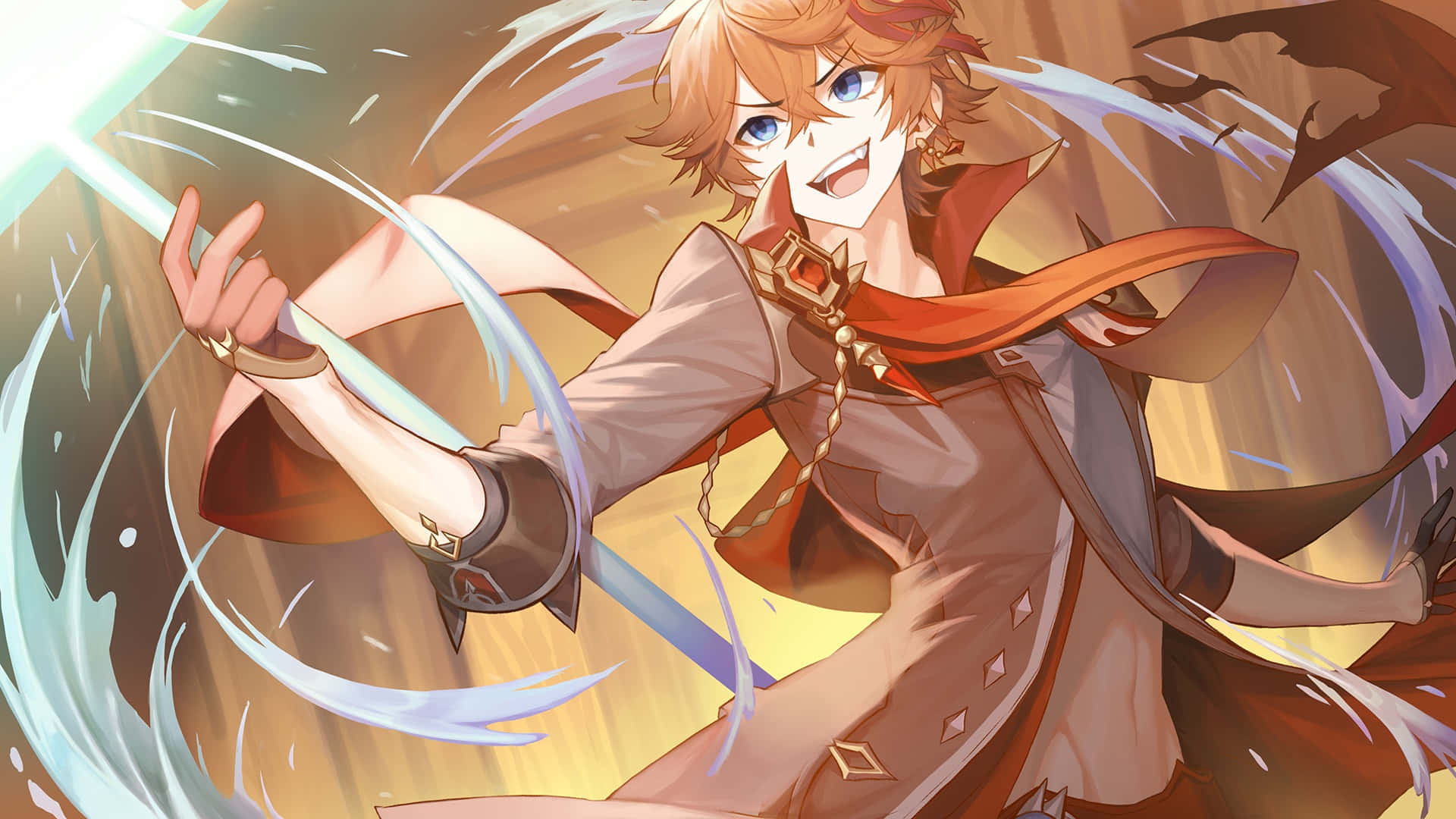 Tartaglia Childe, orange hair, blue eyes, Full HD Desktop Wallpaper