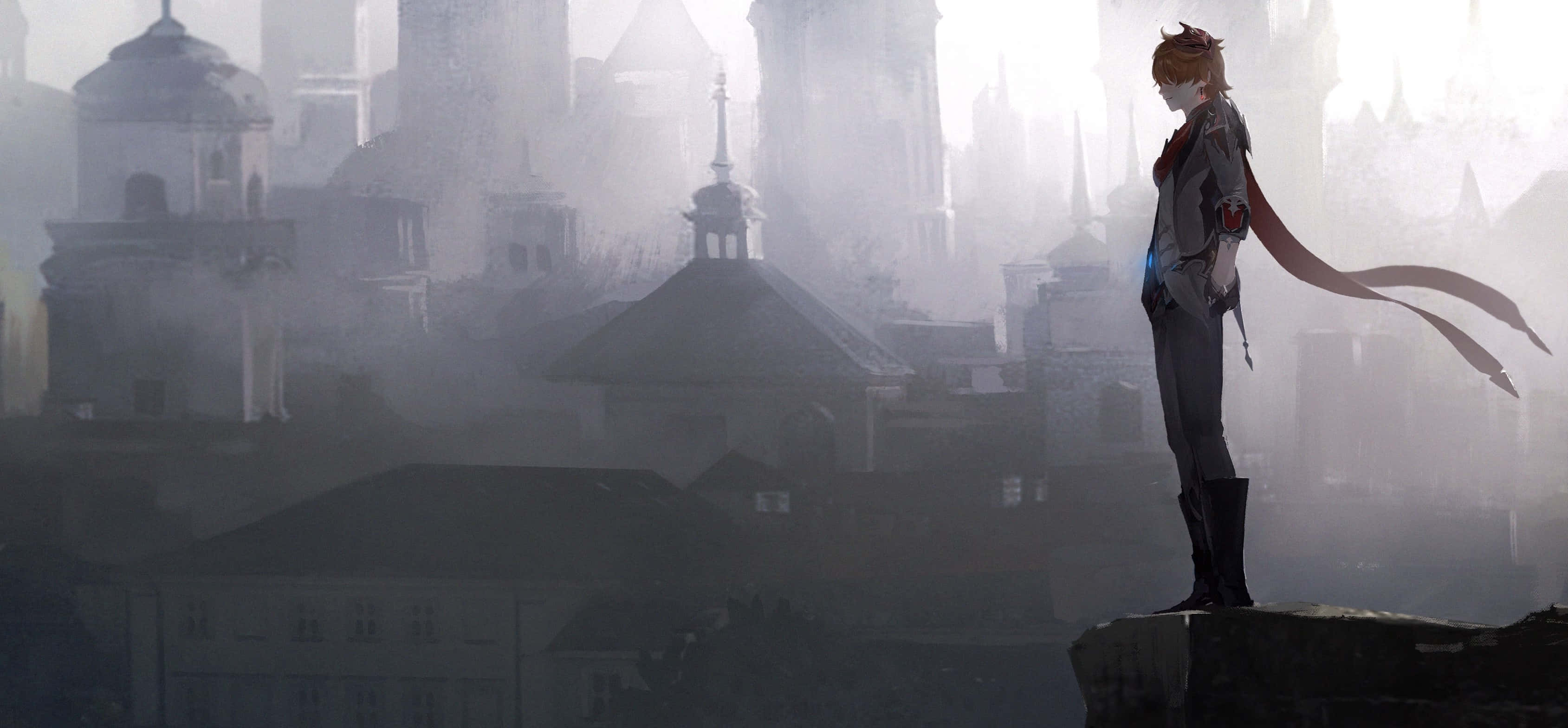 Tartaglia Childe, rooftop, misty cityscape, 2K Desktop Wallpaper