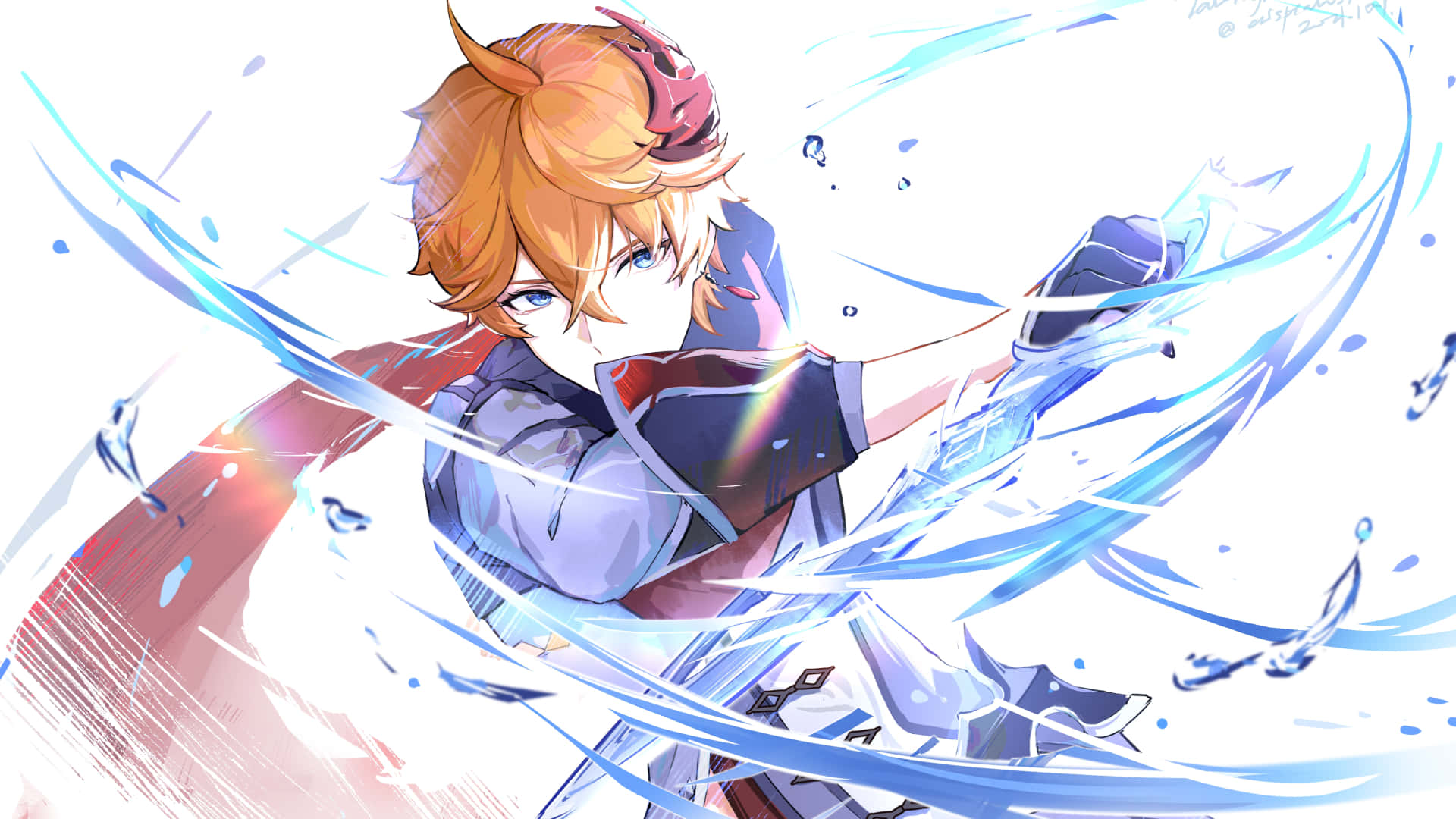 Tartaglia Childe, orange hair, glowing blue water energy, Full HD Desktop Wallpaper