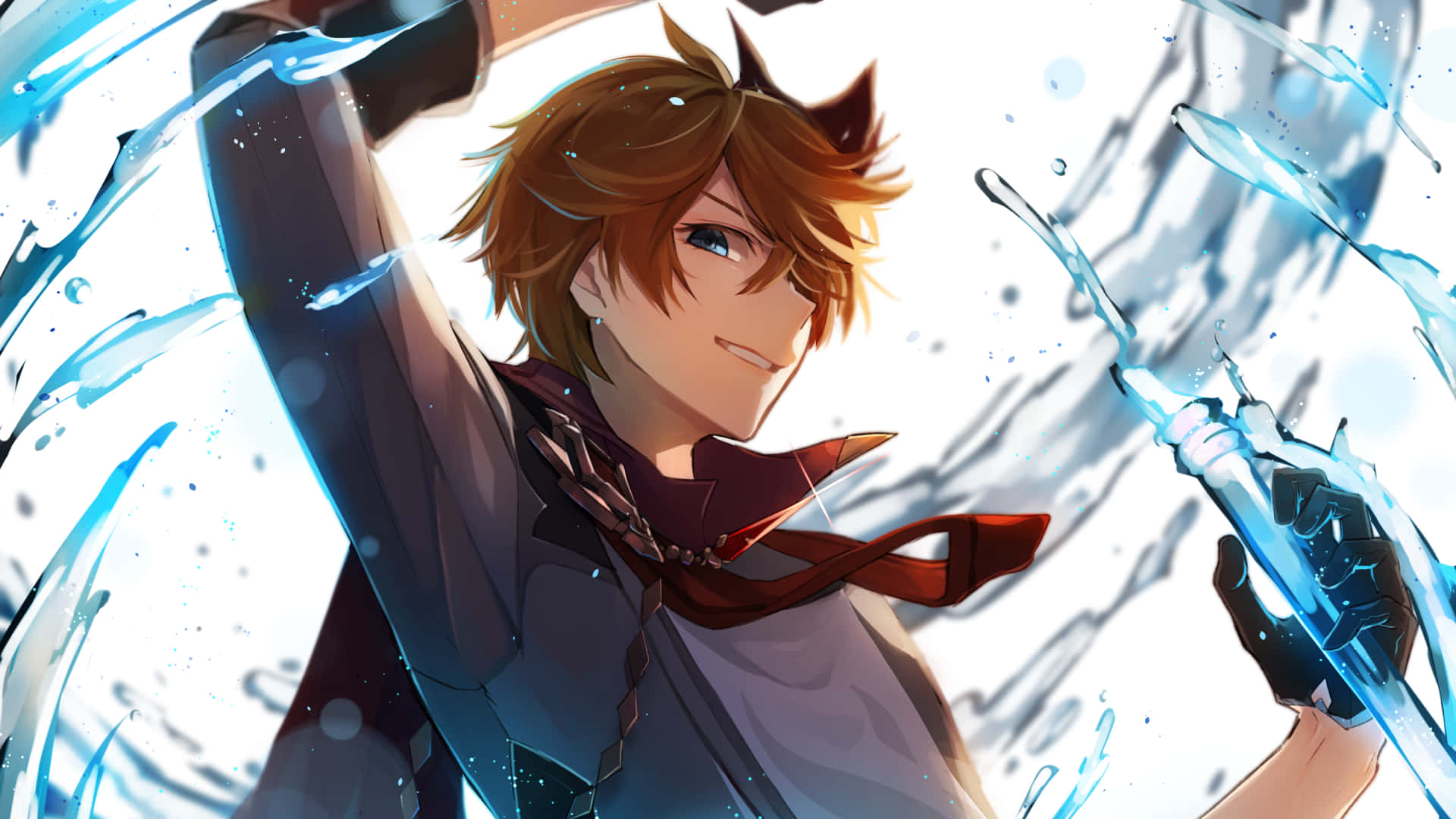 Tartaglia Childe, glowing blue water blades, brown hair, Full HD Desktop Wallpaper