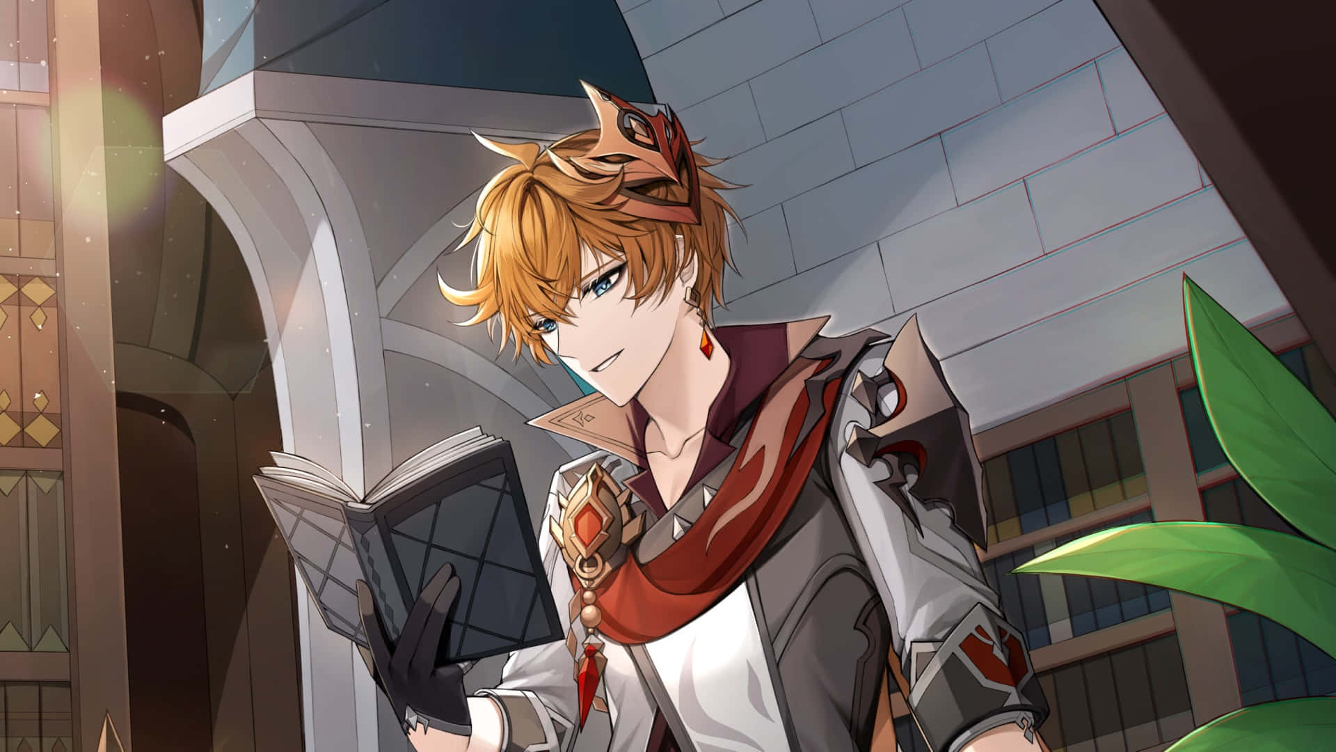 Tartaglia Childe, golden hair, red armor, Full HD Desktop Wallpaper