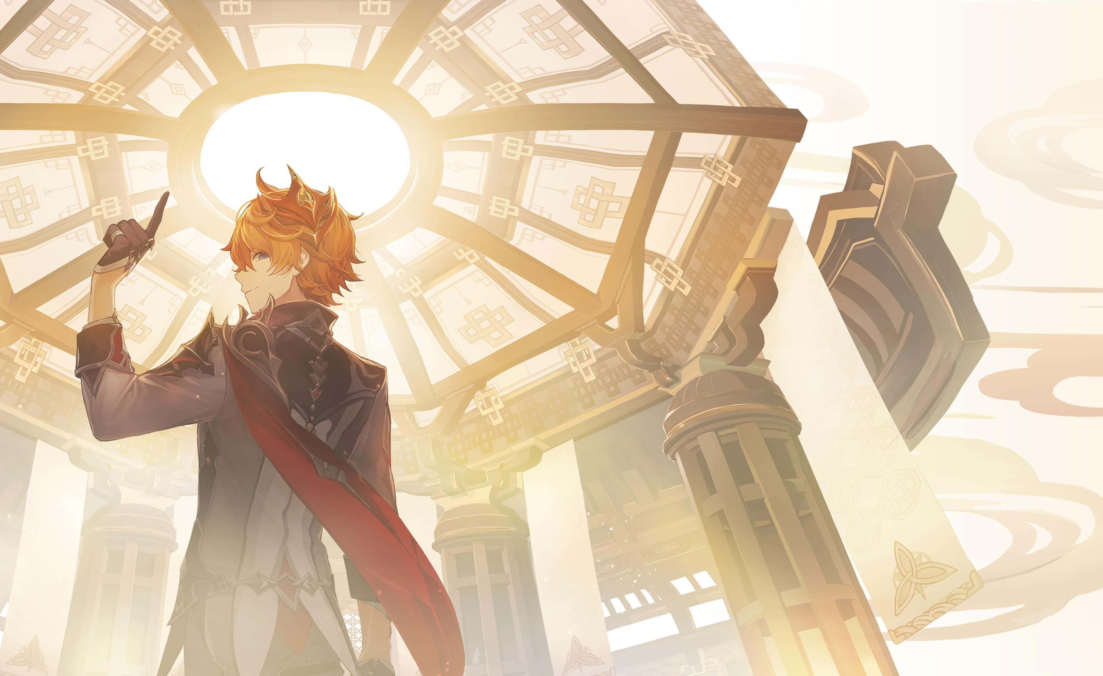 Tartaglia Childe, fiery orange hair, grand golden dome, 2K Desktop Wallpaper