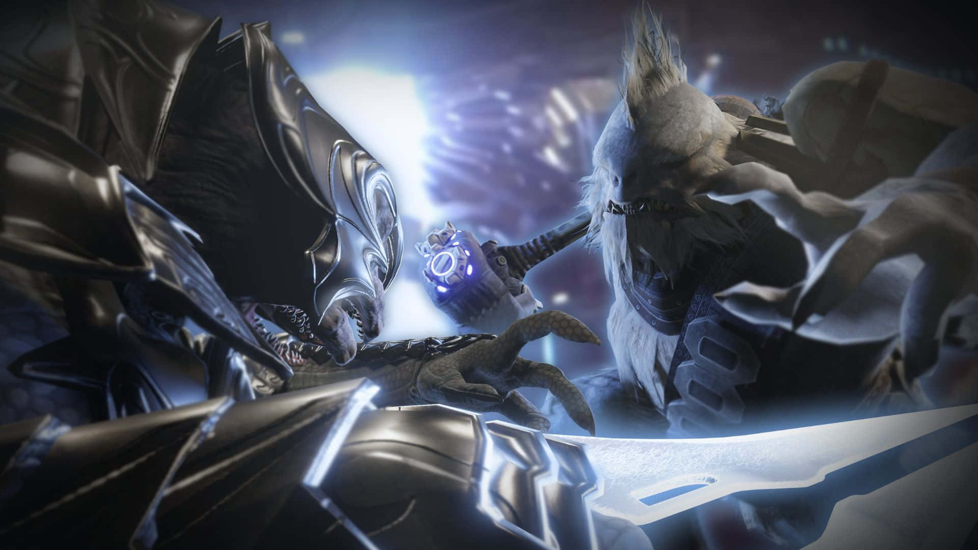 Tartarus, glowing blue energy, dark metallic armor, Full HD Desktop Wallpaper