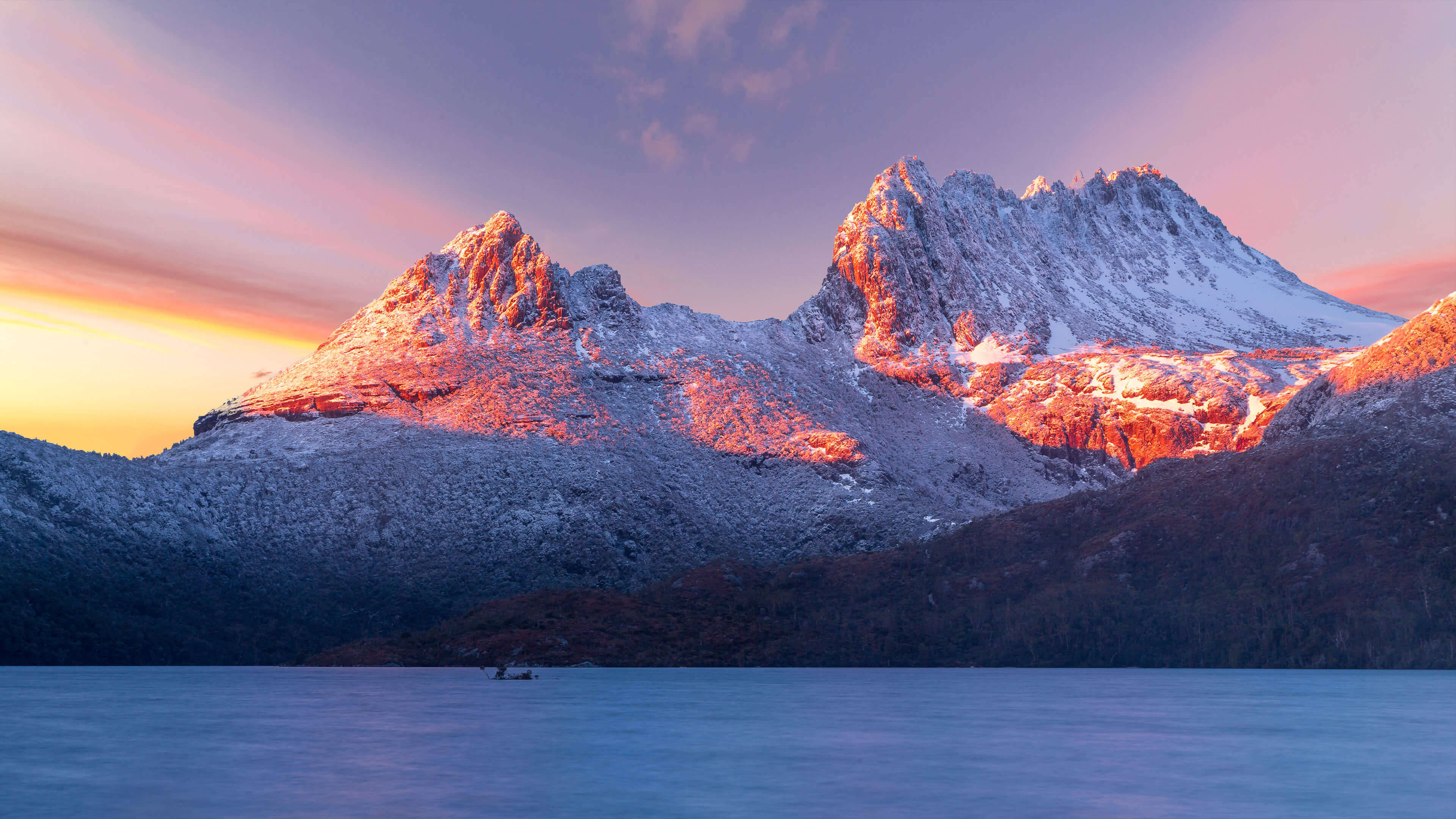 Tasmania, snow covered mountain, sunset, 4K Desktop Wallpaper