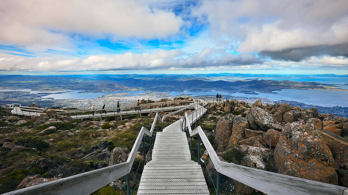 Tasmania, wooden staircase, rocky mountain summit, HD Desktop Wallpaper