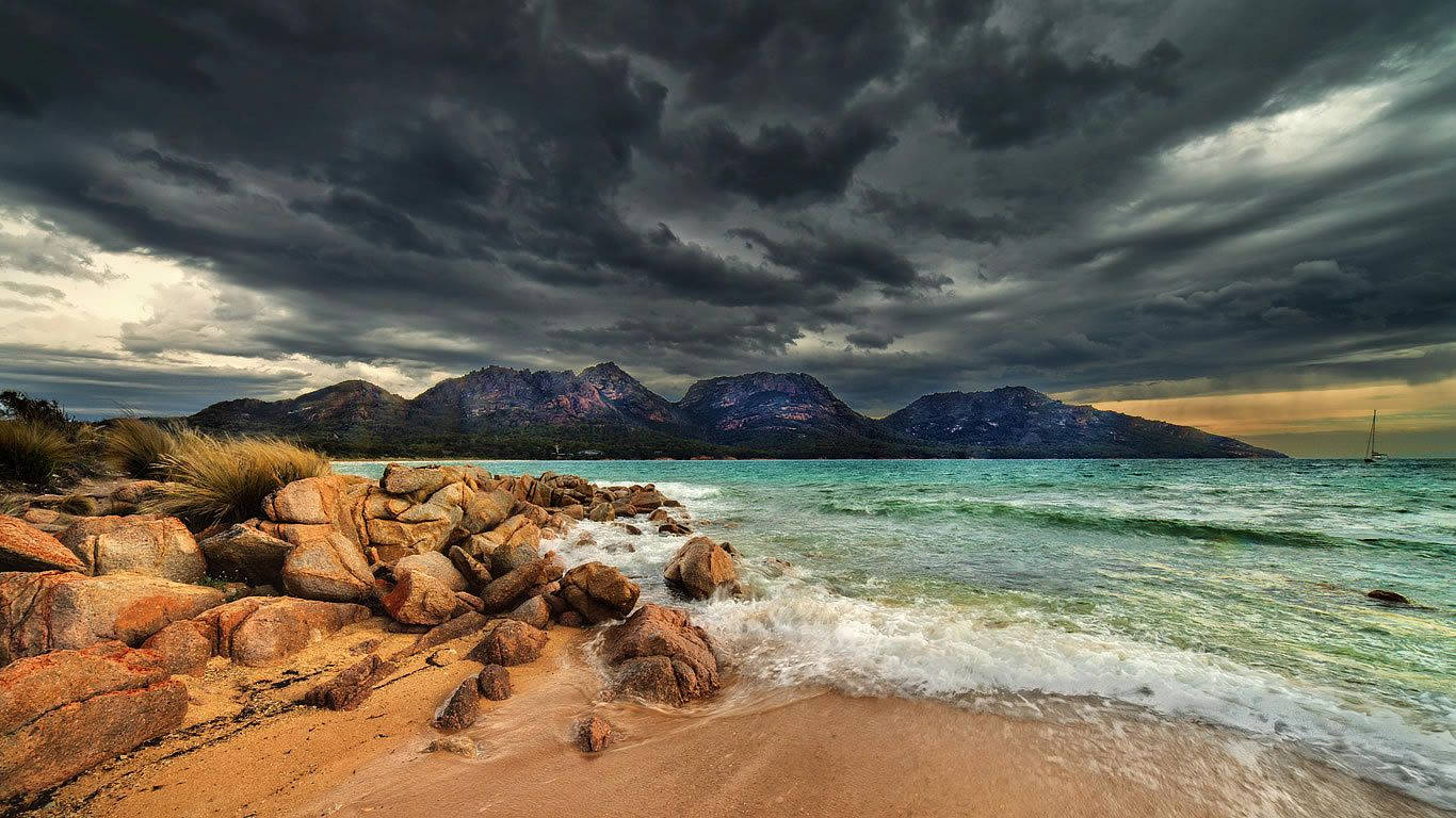 Tasmania, dark clouds, turquoise waters, HD Desktop Wallpaper
