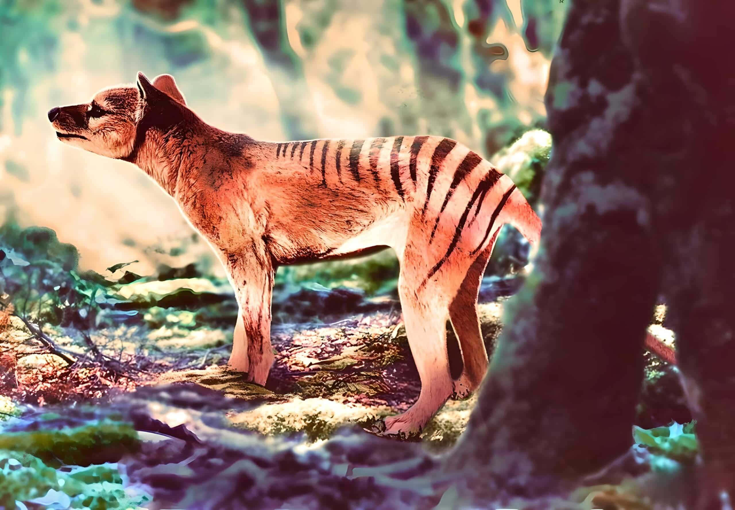Tasmanian Tiger, forest clearing, sunlit, 2K Desktop Wallpaper