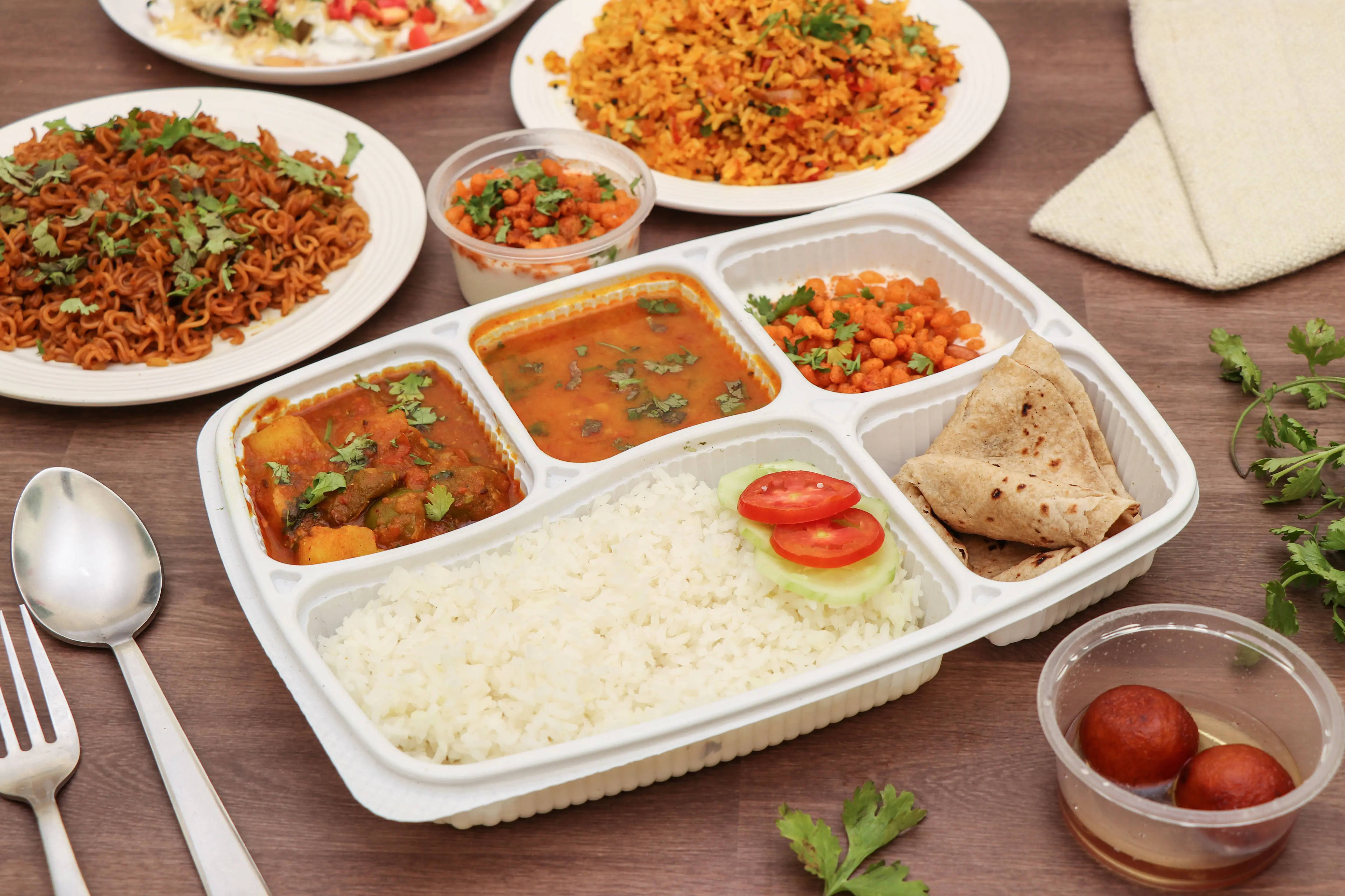 Indian meal, white compartmentalized tray, rice curry, 4K Desktop Wallpaper