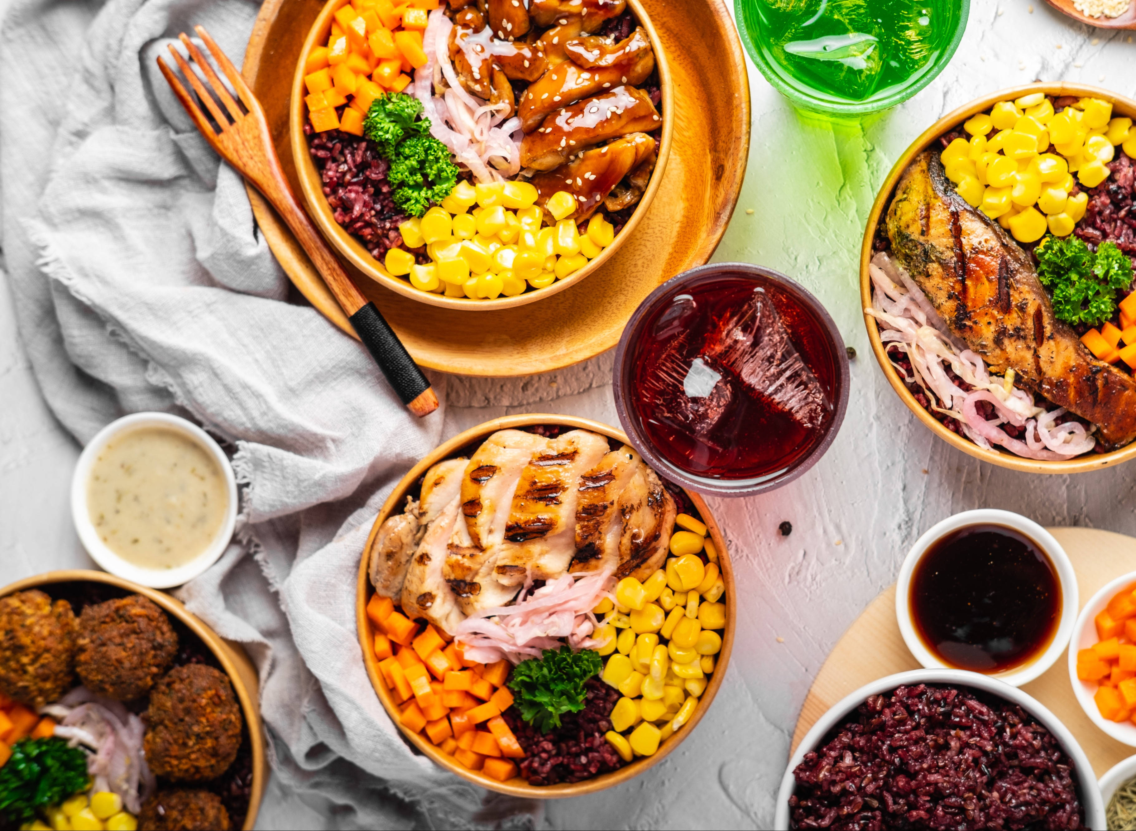 grilled chicken corn rice, colorful bowls, textured white surface, 2K Desktop Wallpaper