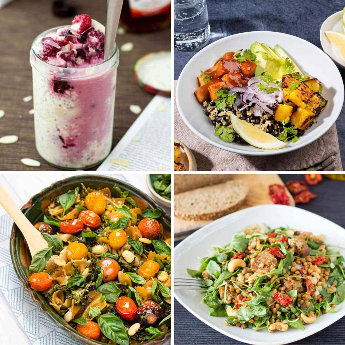 berry overnight oats, sweet potato bowl, roasted tomato pasta, SD Desktop Wallpaper