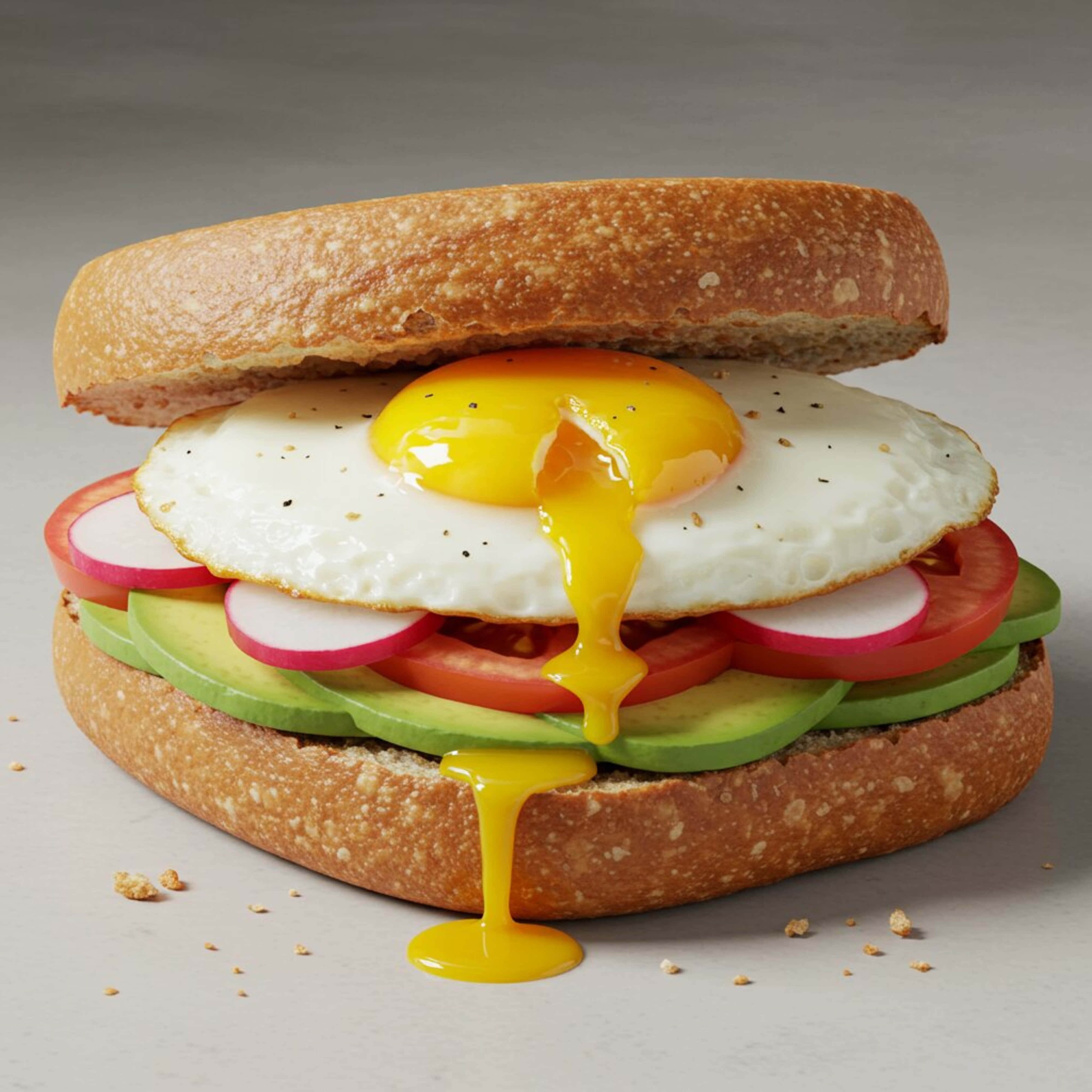 fried egg sandwich, toasted bagel, runny fried egg, 4K Desktop Wallpaper