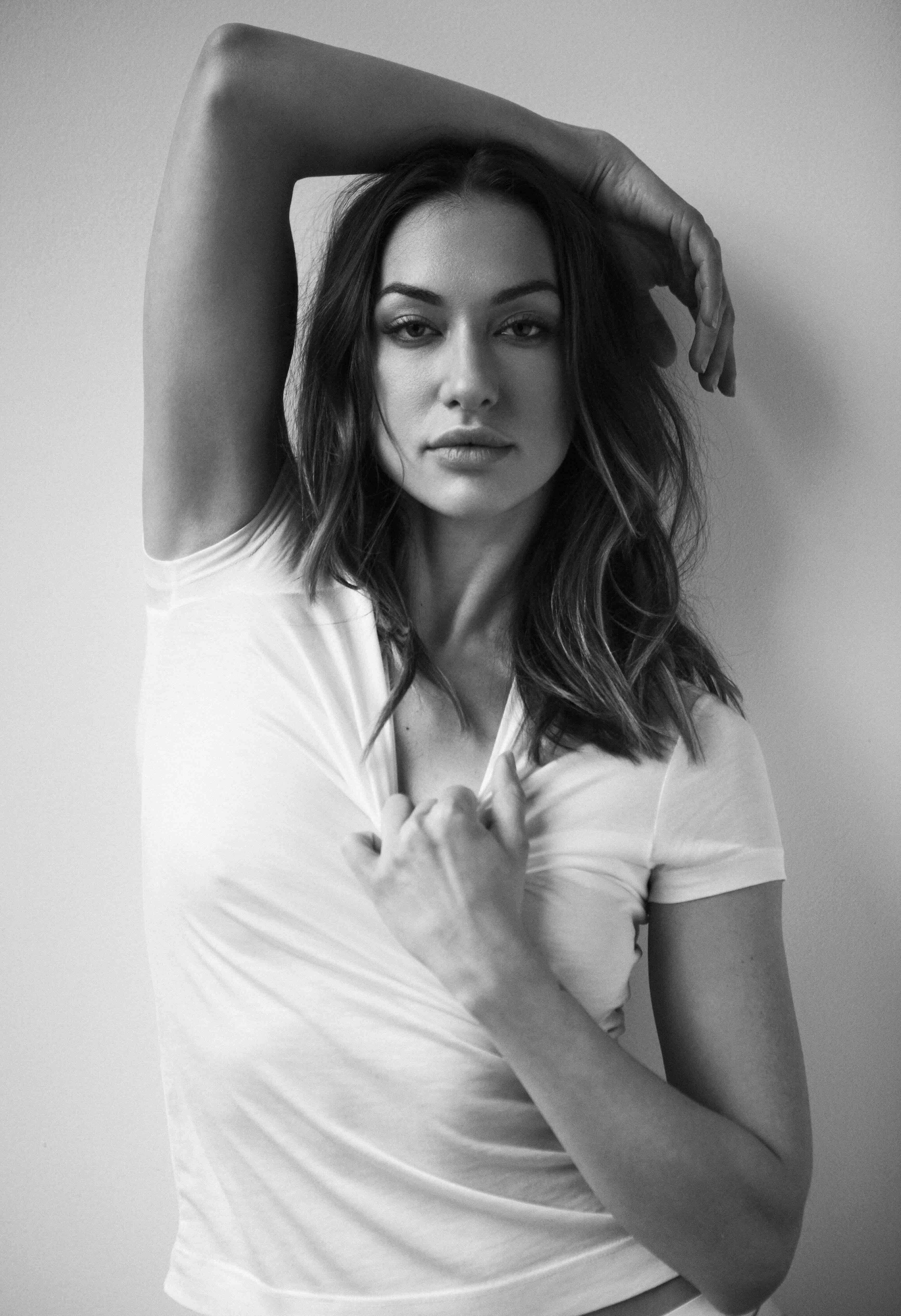 Tasya Teles, white tshirt, plain wall, 5K Phone Wallpaper