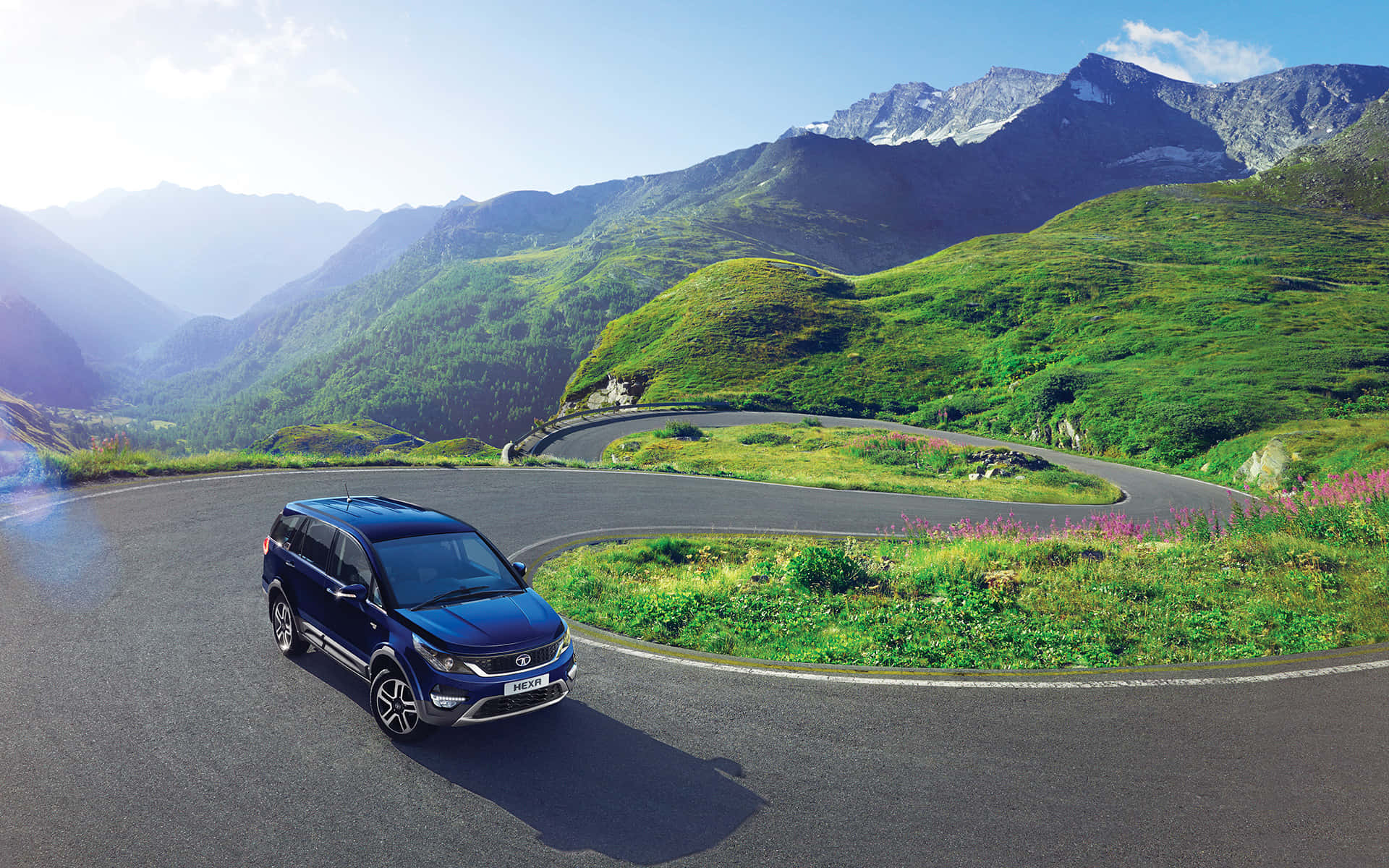 Tata Motors, blue SUV, winding mountain road, Full HD Desktop Wallpaper