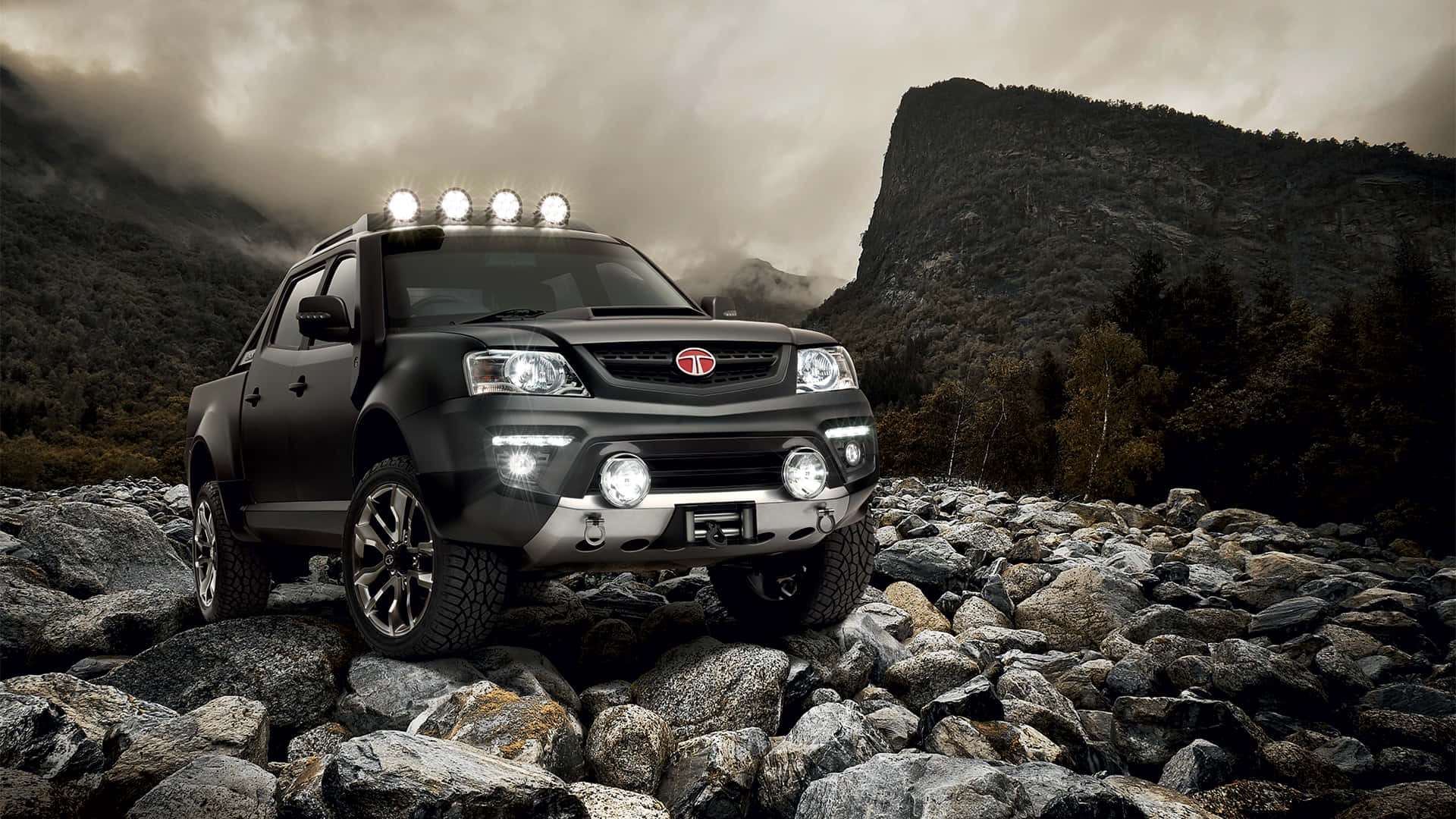 Tata Motors, black off-road truck, rooftop lights, Full HD Desktop Wallpaper