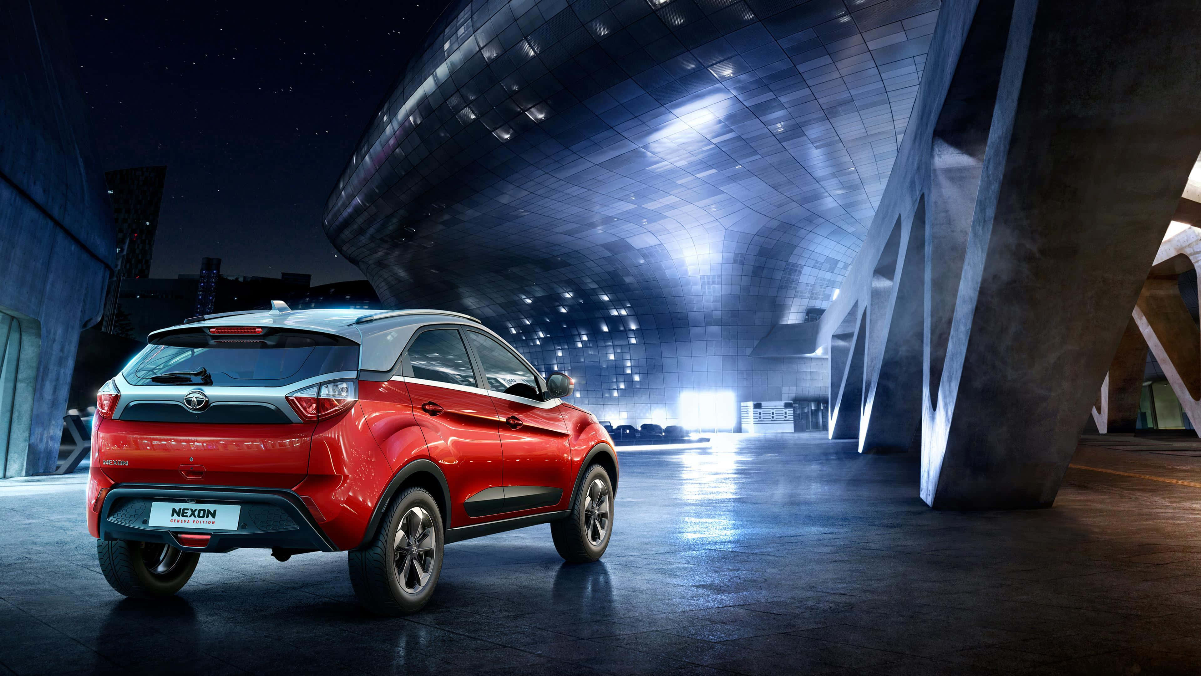 Tata Motors, SUV, futuristic curved building, 4K Desktop Wallpaper