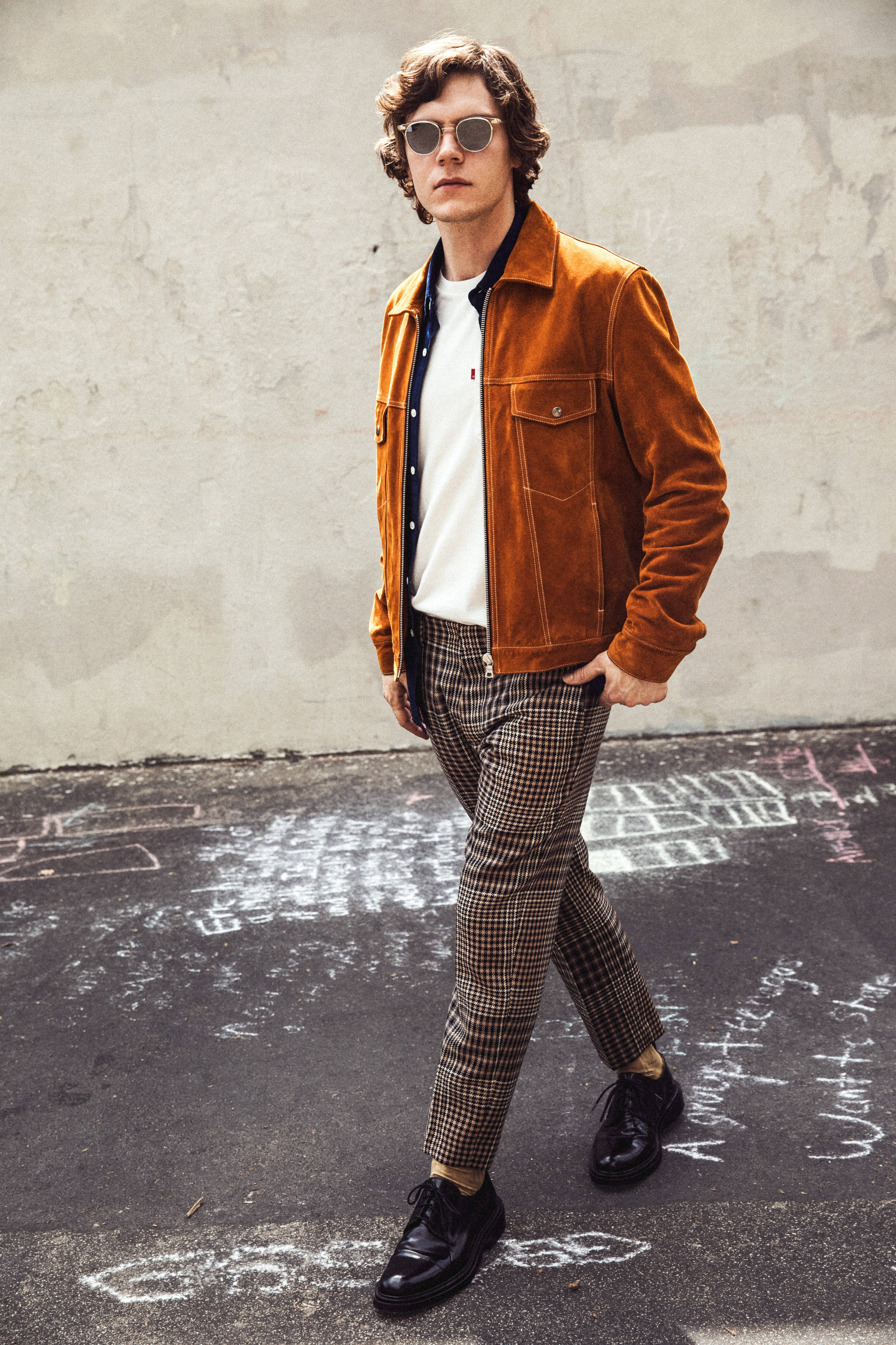 Tate Langdon, orange suede jacket, plaid trousers, 5K Phone Wallpaper